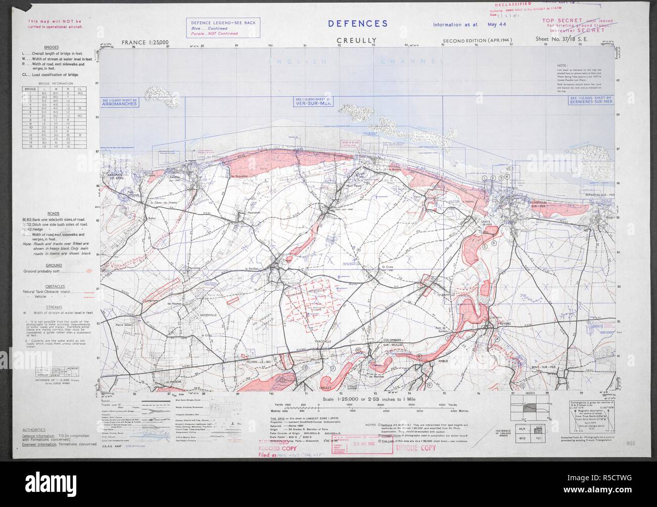 Cruelly village, on the French coast. A map of the Second World War. The 4th/7th Royal Dragoon Guards, were among the first soldiers to land on Gold Beach. The Guards, in amphibious DD Sherman Tanks, arrived five minutes before H-Hour, at 7.20am on June 6 1944. By the end of the day of fierce fighting they had liberated Creully. France 1:25,000 Defences, Bigot. [London] : War Office, 1944. Source: Maps 14317.(259.) 37/18 SE. Stock Photo