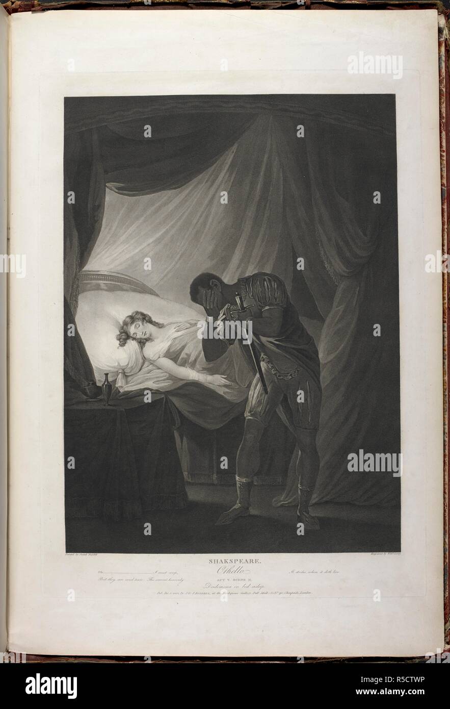 Othello act V scene II- Desdemona in bed asleep. A Collection of Prints, from pictures painted for the purpose of illustrating the Dramatic Works of Shakspeare, by the Artists of Great Britain. London : J. & J. Boydell, 1803. Source: Tab.599.c vol. II plate L. Language: English. Author: SHAKESPEARE, WILLIAM. BOYDELL, JOHN. Stock Photo