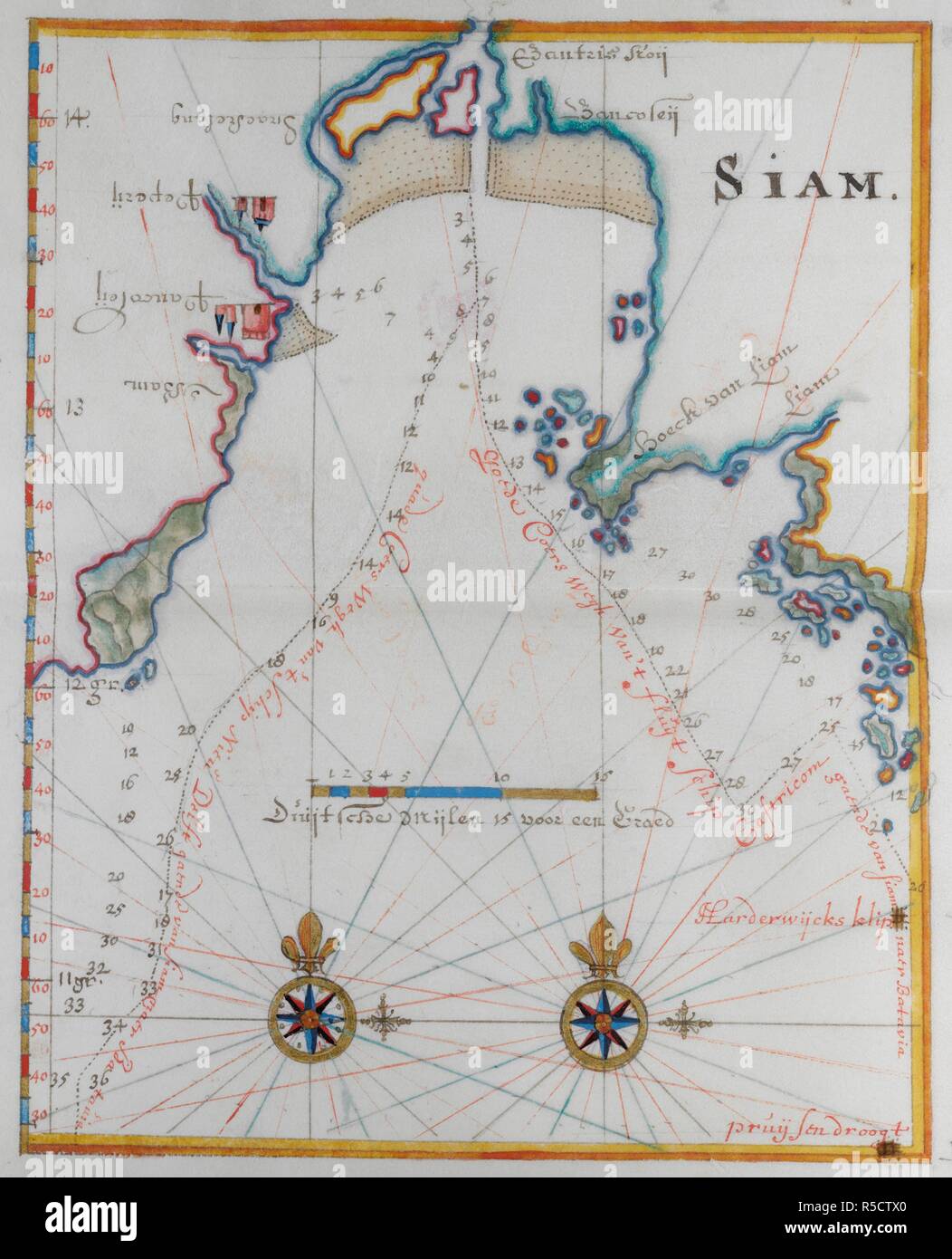 Map of the Kingdom of Siam. DUTCH PORTOLANO, containing forty-nine coloured maps and views. 17th century. Source: Add. 34184, f.38. Stock Photo