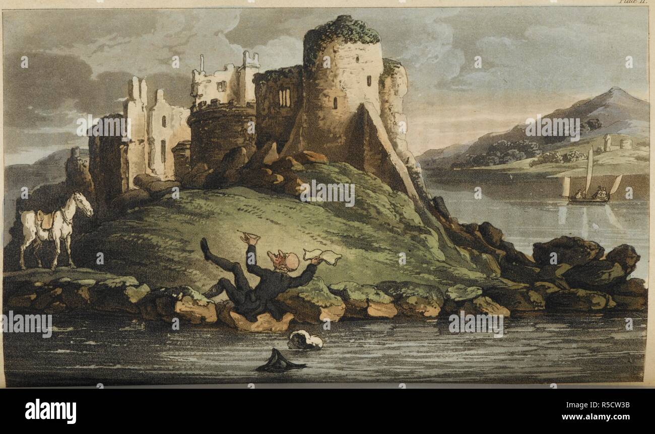 Doctor Syntax falling into water. A ruin is shown in the background. The tour of Doctor Syntax, in search of the picturesque a poem. London : pubd. ... at R. Ackermann's Repository of Arts ..., 1817. Source: Cup.410.g.425, opposite page 71. Author: ROWLANDSON, THOMAS. COMBE, WILLIAM. Stock Photo