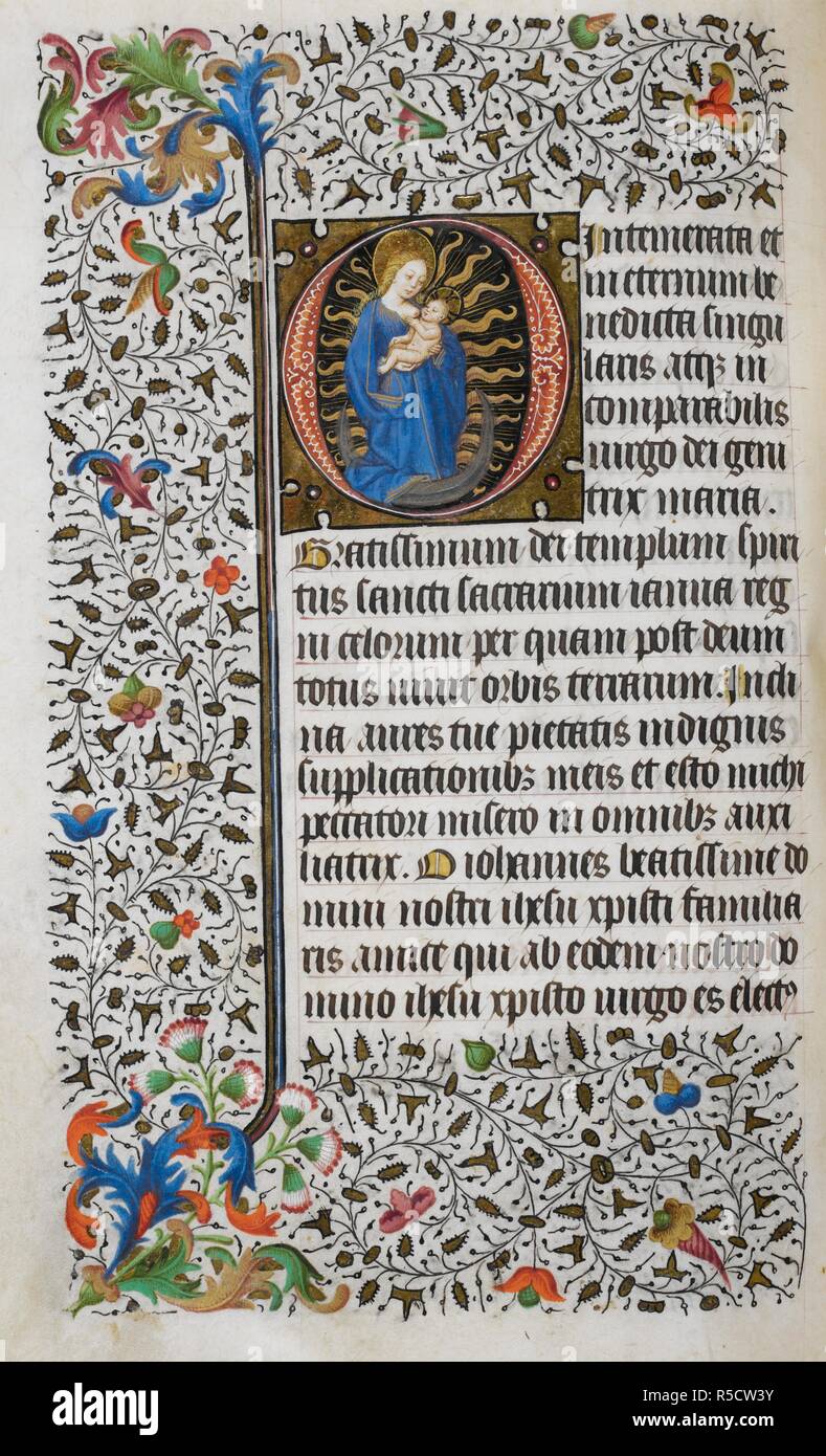 Prayers to the Virgin Mary. Saluces Hours. Italy [Savoy]; middle of the 15th century. (Whole folio) Prayers to the Virgin Mary. Text with initial 'O', the Virgin and Child. Borders with floral decoration. Probably produced for AmadÃ©e de Saluces, daughter of Manfroy, Seigneur de CardÃ© Image taken from Saluces Hours. Originally published/produced in Italy [Savoy]; middle of the 15th century. Source: Add. 27697, f.22v. Language: Latin. Stock Photo