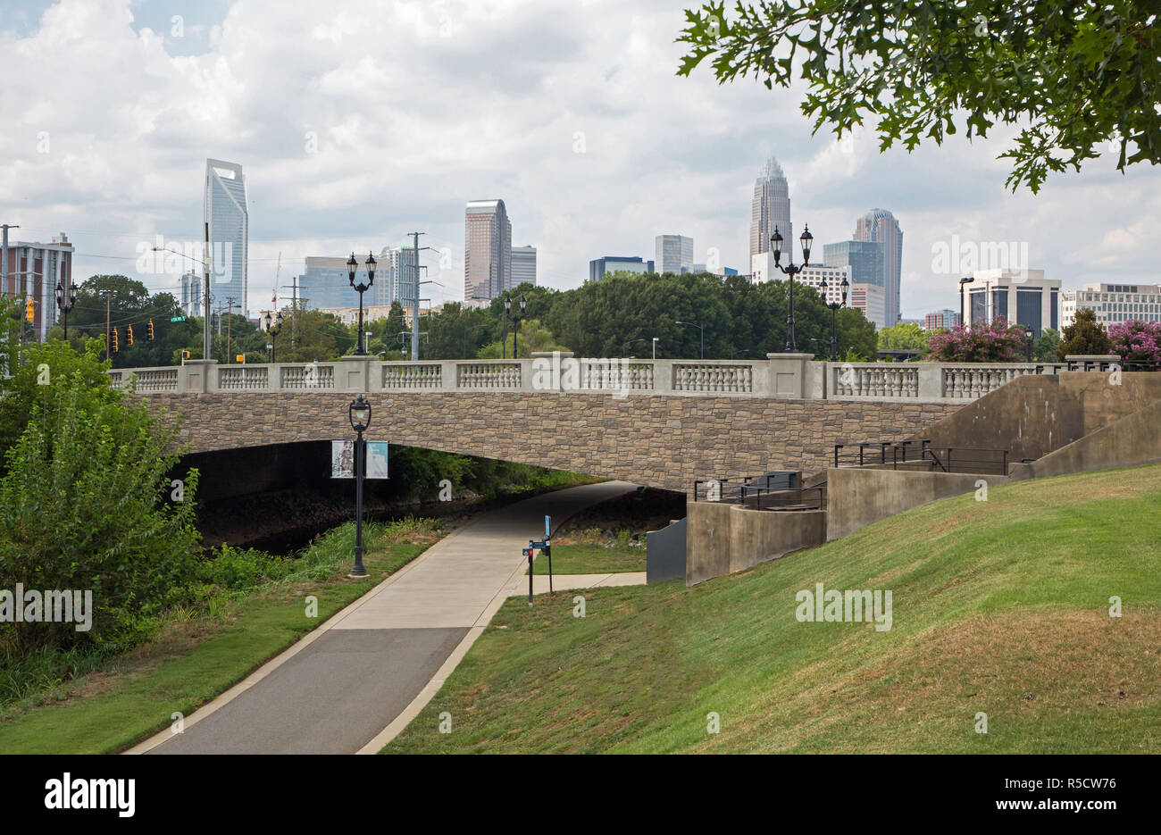 CHARLOTTE, NC - August 9, 2015: View of uptown Charlotte, North Carolina, from the Little Sugar Creek Greenway. Stock Photo