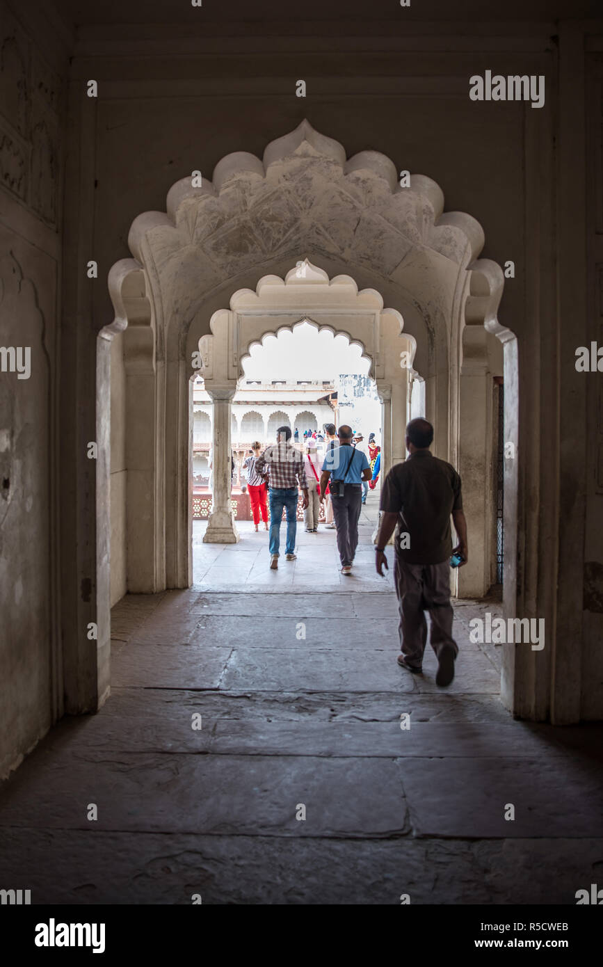 Tourists at White Marble Palace inside Agra Fort, Uttar Pradesh, India Stock Photo
