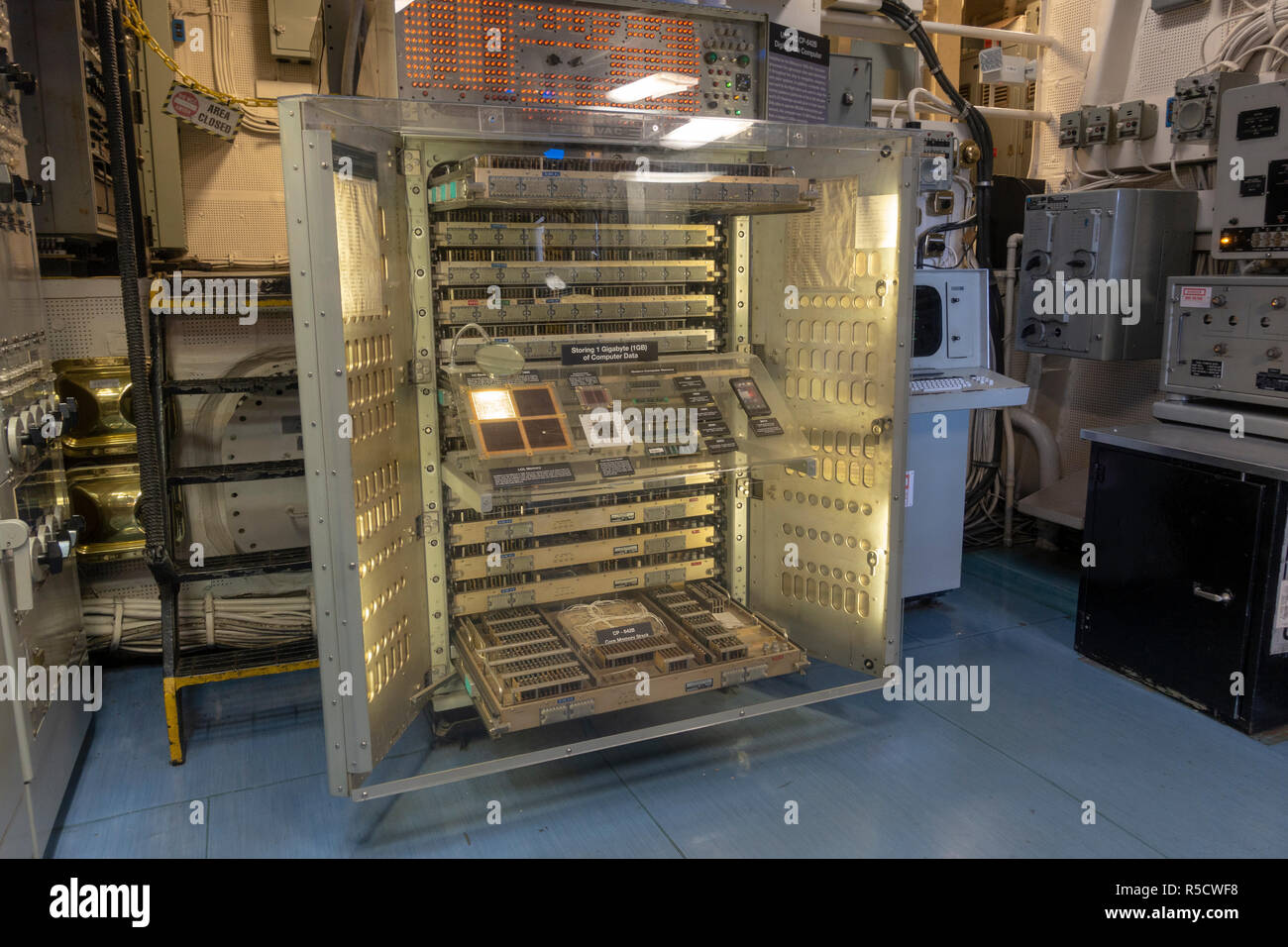 History of computing display on a Univac CP-642B computer in the SINS room (Ships Inertial Navigation System), USS Midway, San Diego, CA, USA. Stock Photo