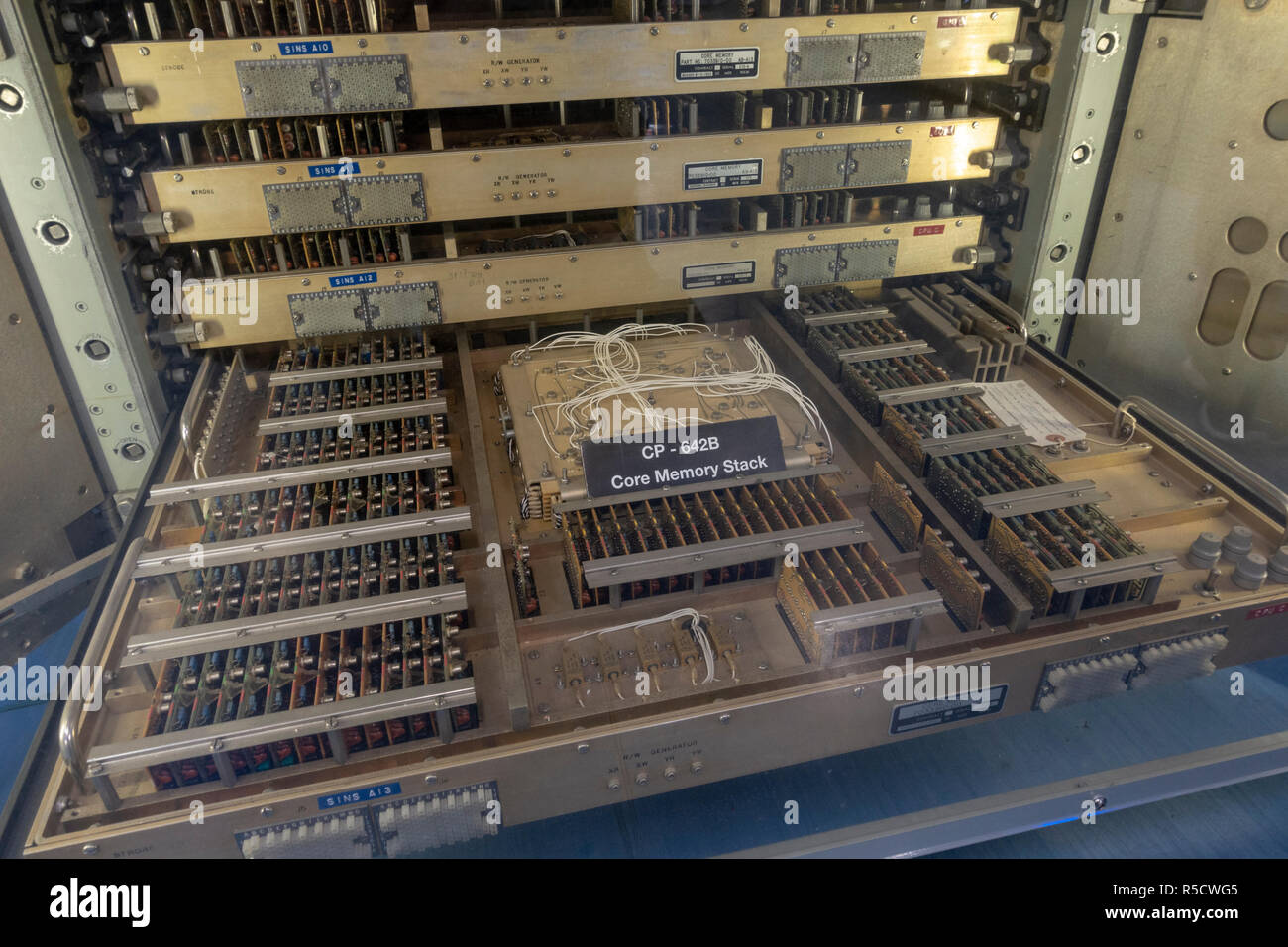 The Univac CP-642B computer memory stack, SINS room (Ships Inertial Navigation System), USS Midway, San Diego, California, United States. Stock Photo
