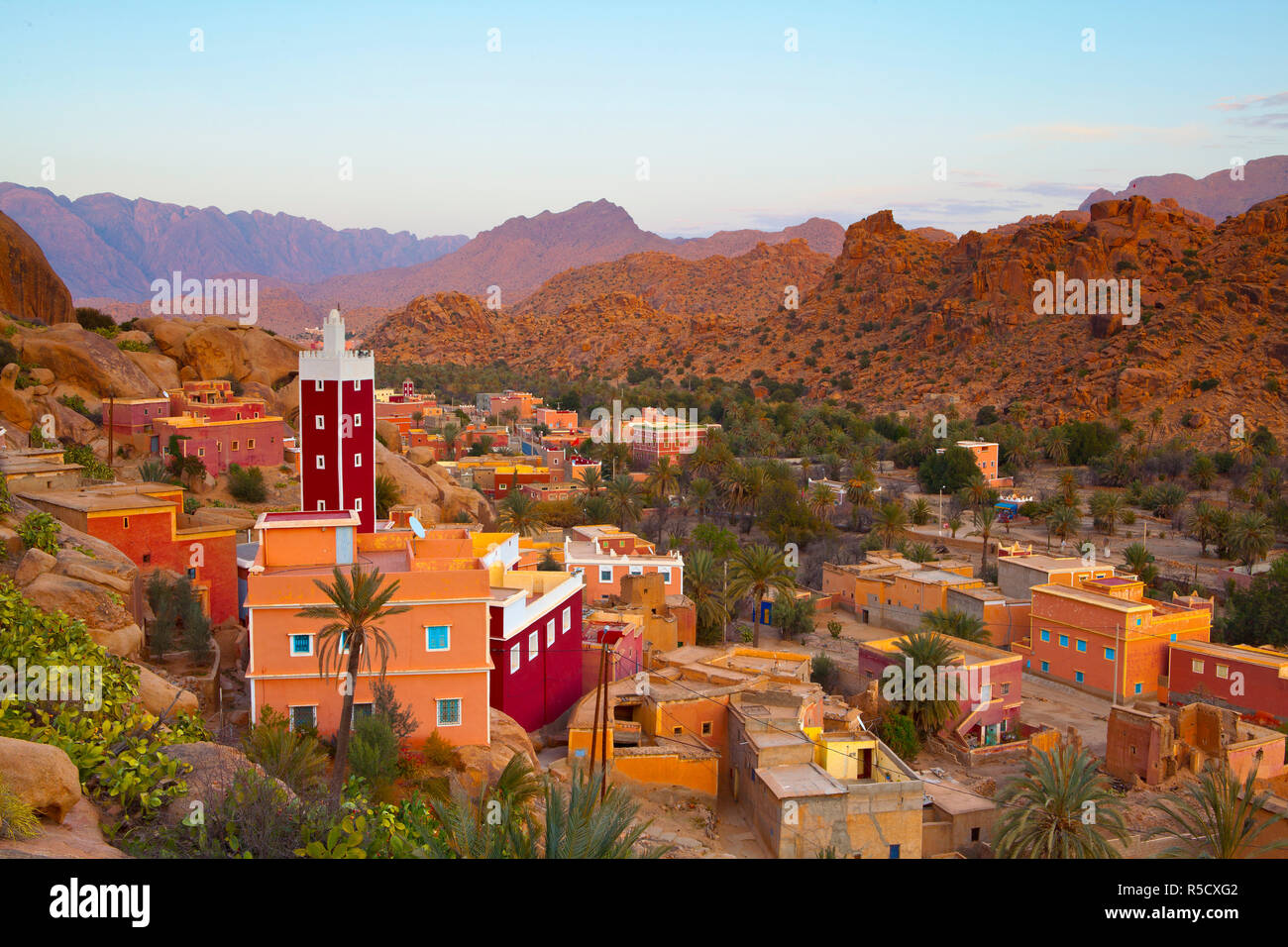 Elevated view over the Red Mosque of Adai, Tafraoute, Anti Atlas, Morocco Stock Photo