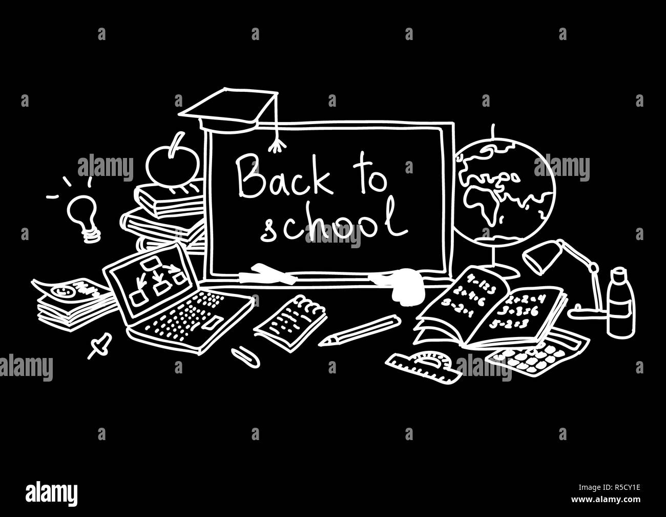 Back to school, hand drawn set color sketch, doodle, vector. Chalk board style. Stock Photo