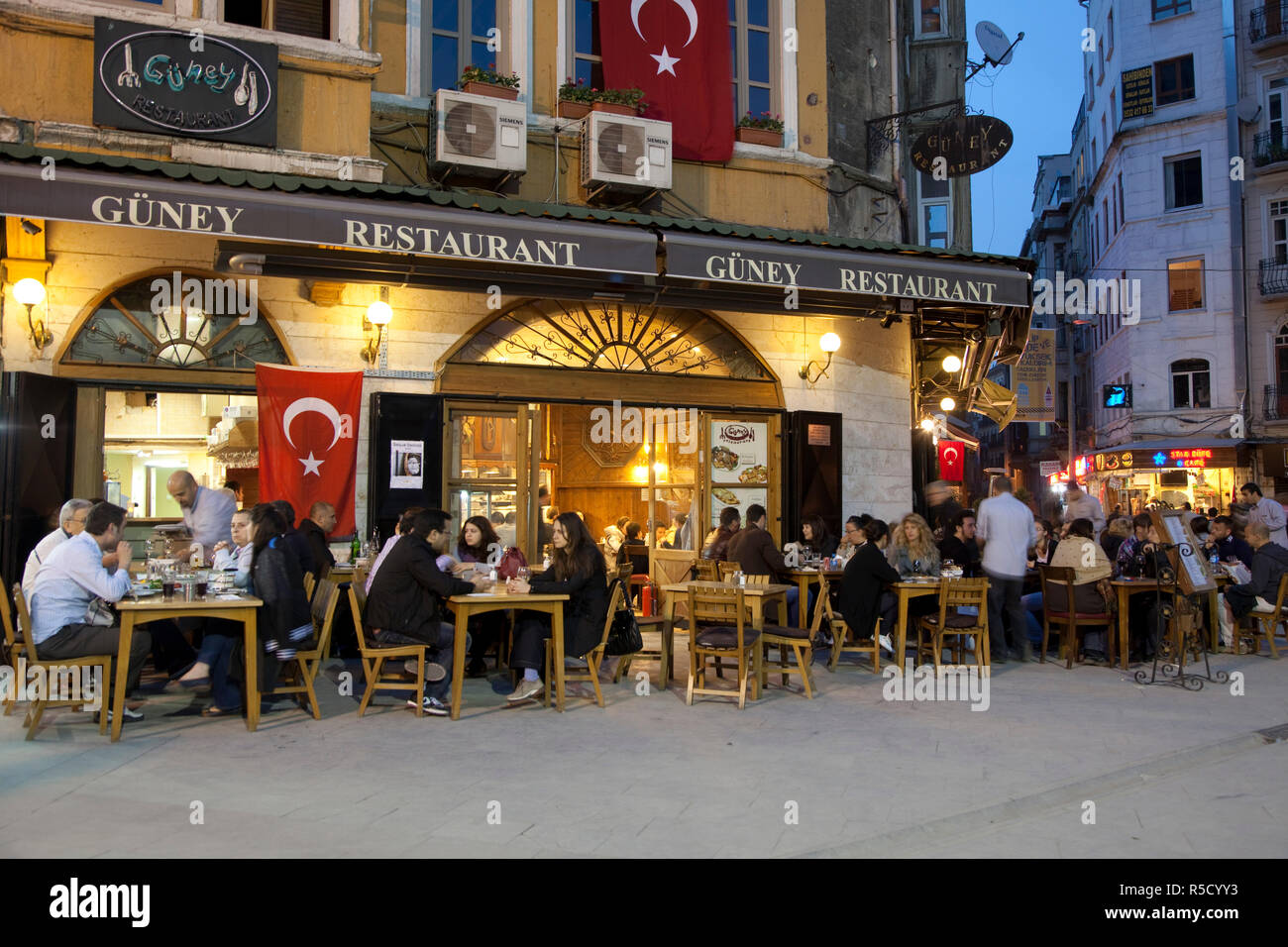Outdoor restaurants, Beyoglu area, Istanbul, Turkey Stock Photo