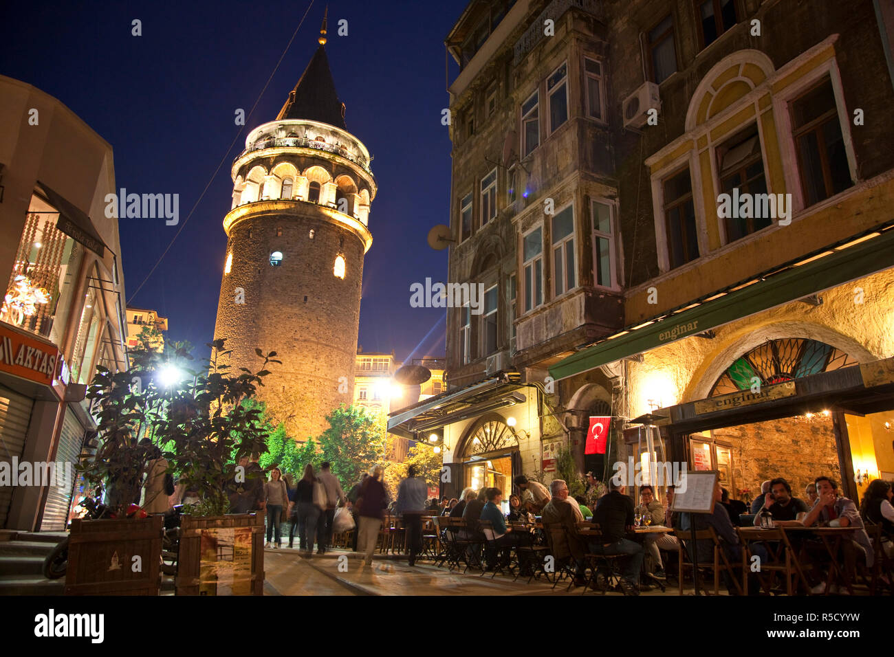 Outdoor restaurants & Galata Tower, Beyoglu area, Istanbul, Turkey Stock Photo