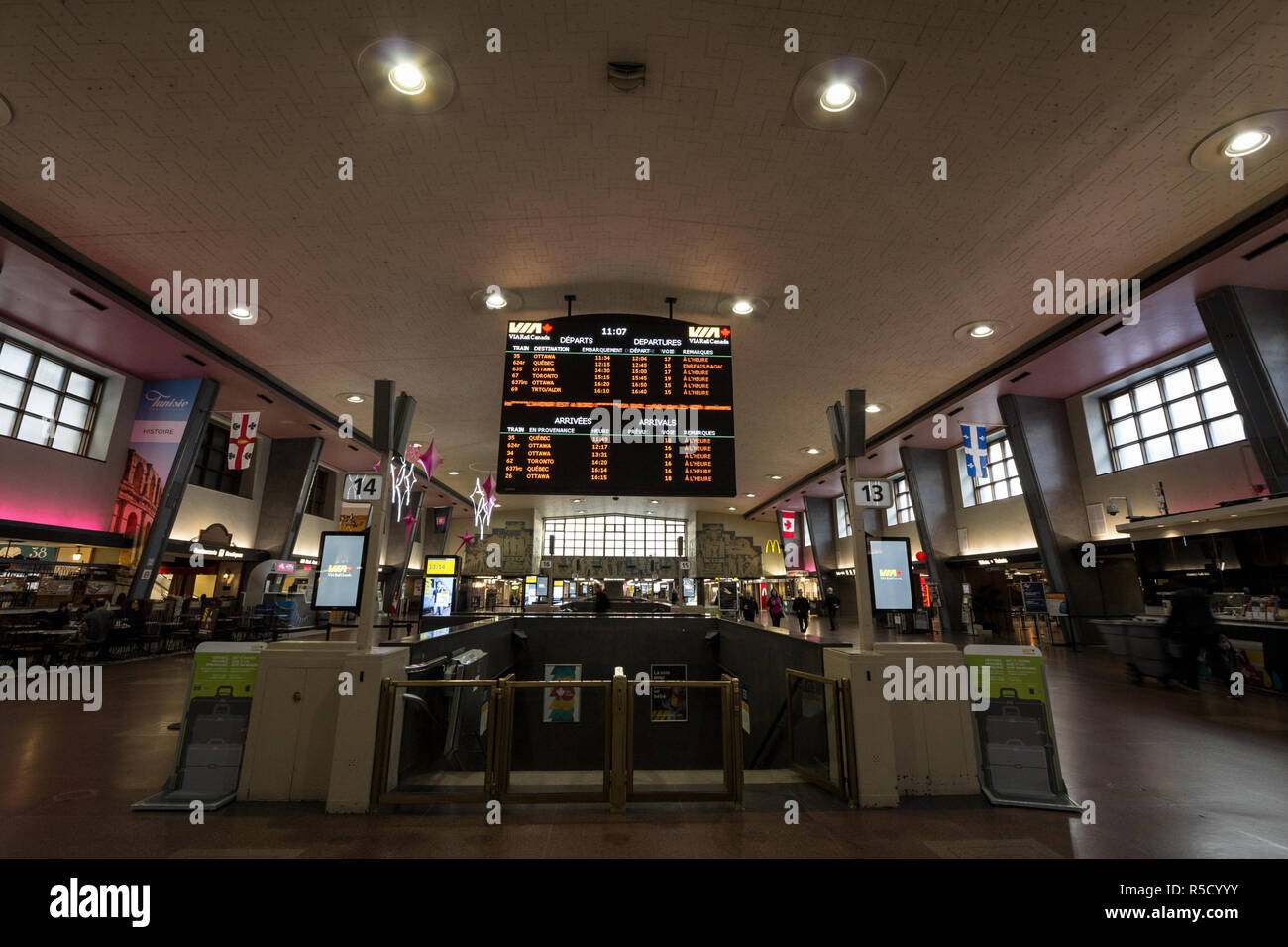 MONTREAL, CANADA - NOVEMBER 4, 2018: Montreal Central Station main hall with its departures and arrivals board. It is the railway station for Via Rail Stock Photo