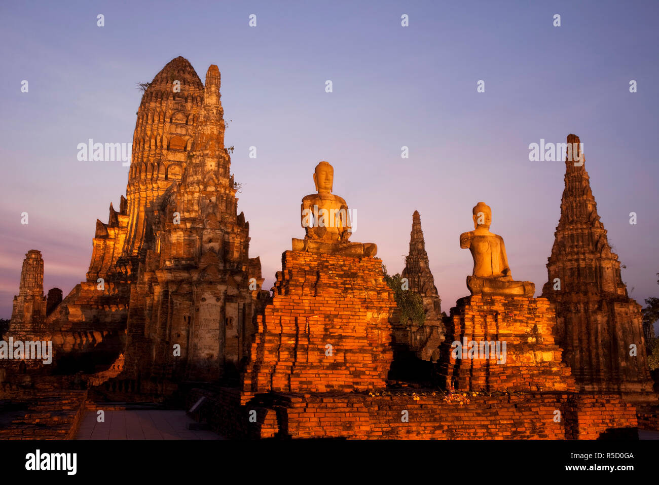 Thailand, Ayutthaya, Ayutthaya Historical Park, Dusk at Wat Chai Wattanaram Stock Photo