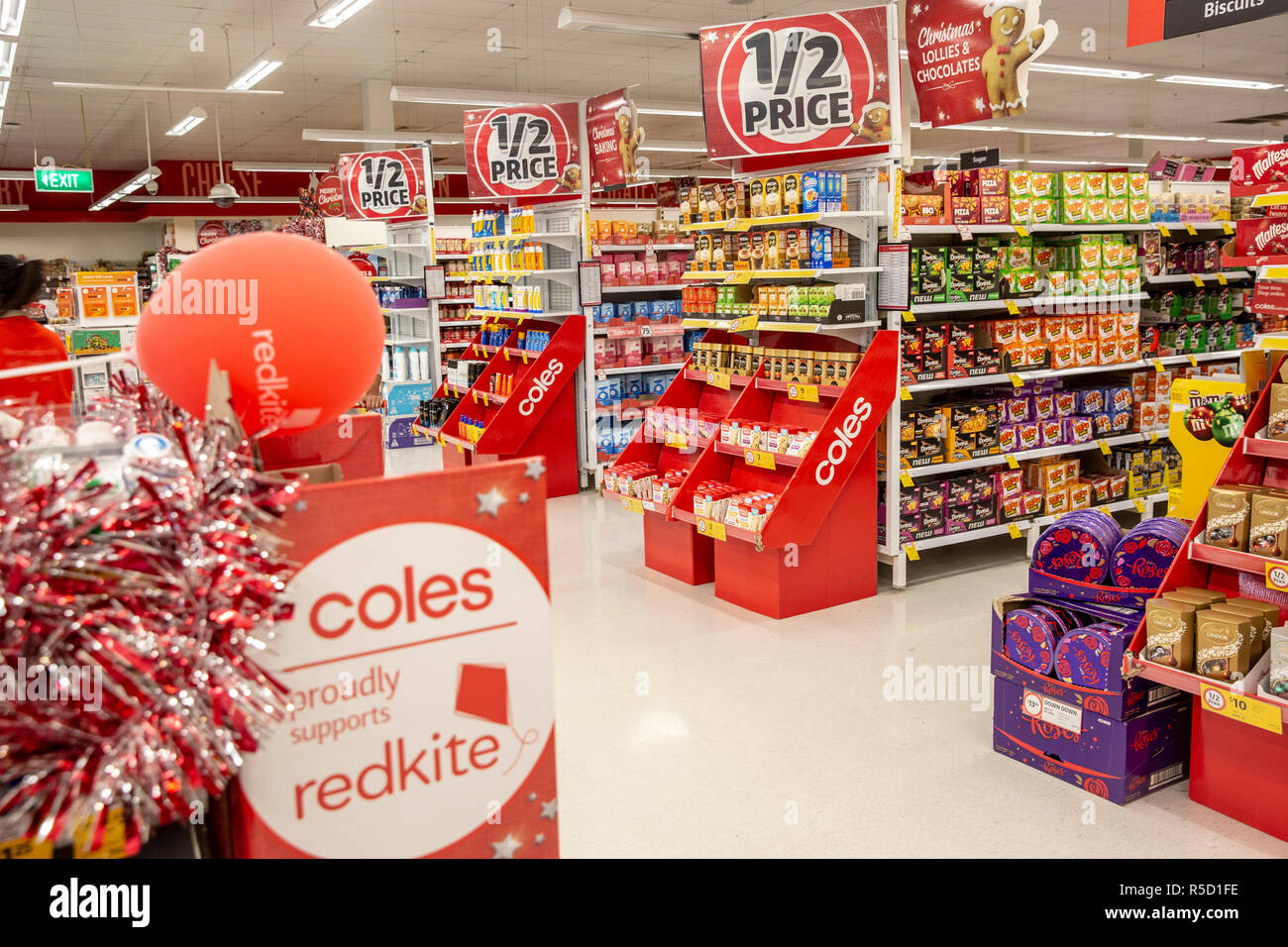 Coles supermarket and display aisles with christmas  