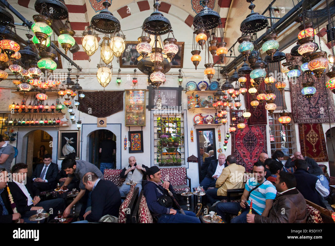 Turkey, Istanbul, Sultanahmet, Turkish Coffee Shop, Customers Smoking