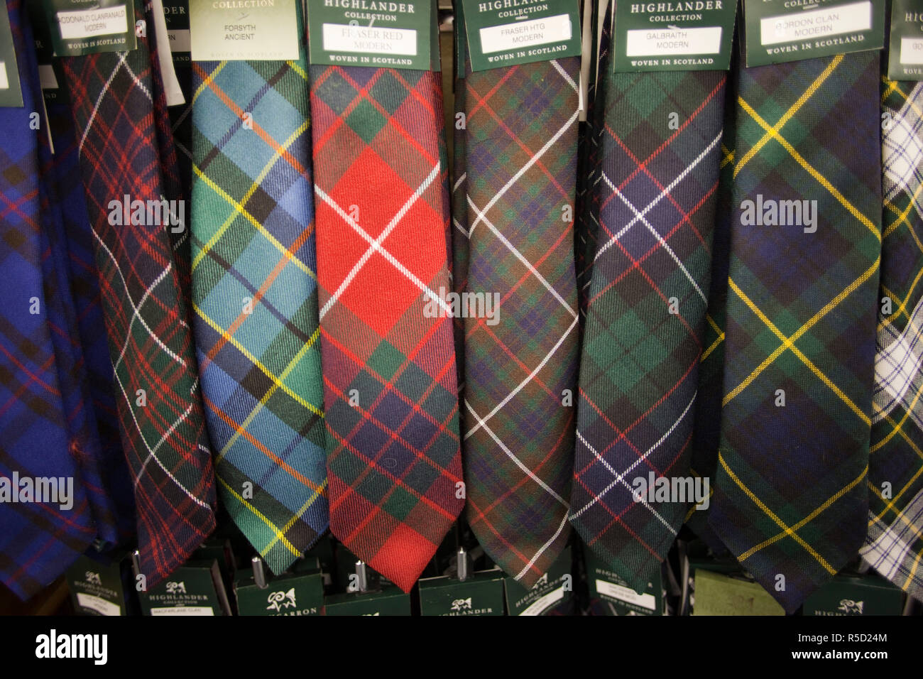 Scotland, Edinburgh, Tie Display in the Tartan Weaving Mill Stock Photo