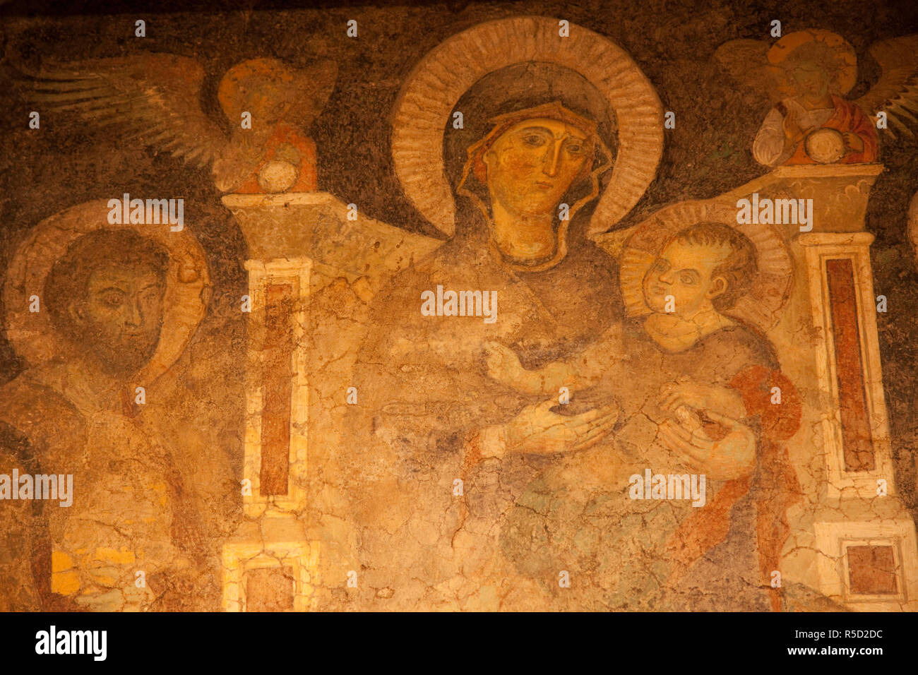 Italy, Rome, The Forum, Temple of Romulus, Early Christian Mural depicting Madonna with Baby Jesus Stock Photo