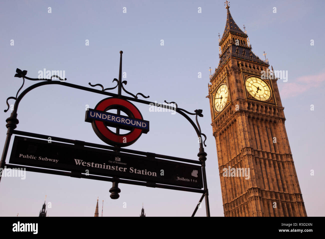 England, London, Palace of Westminster, Big Ben and Underground Sign Stock Photo