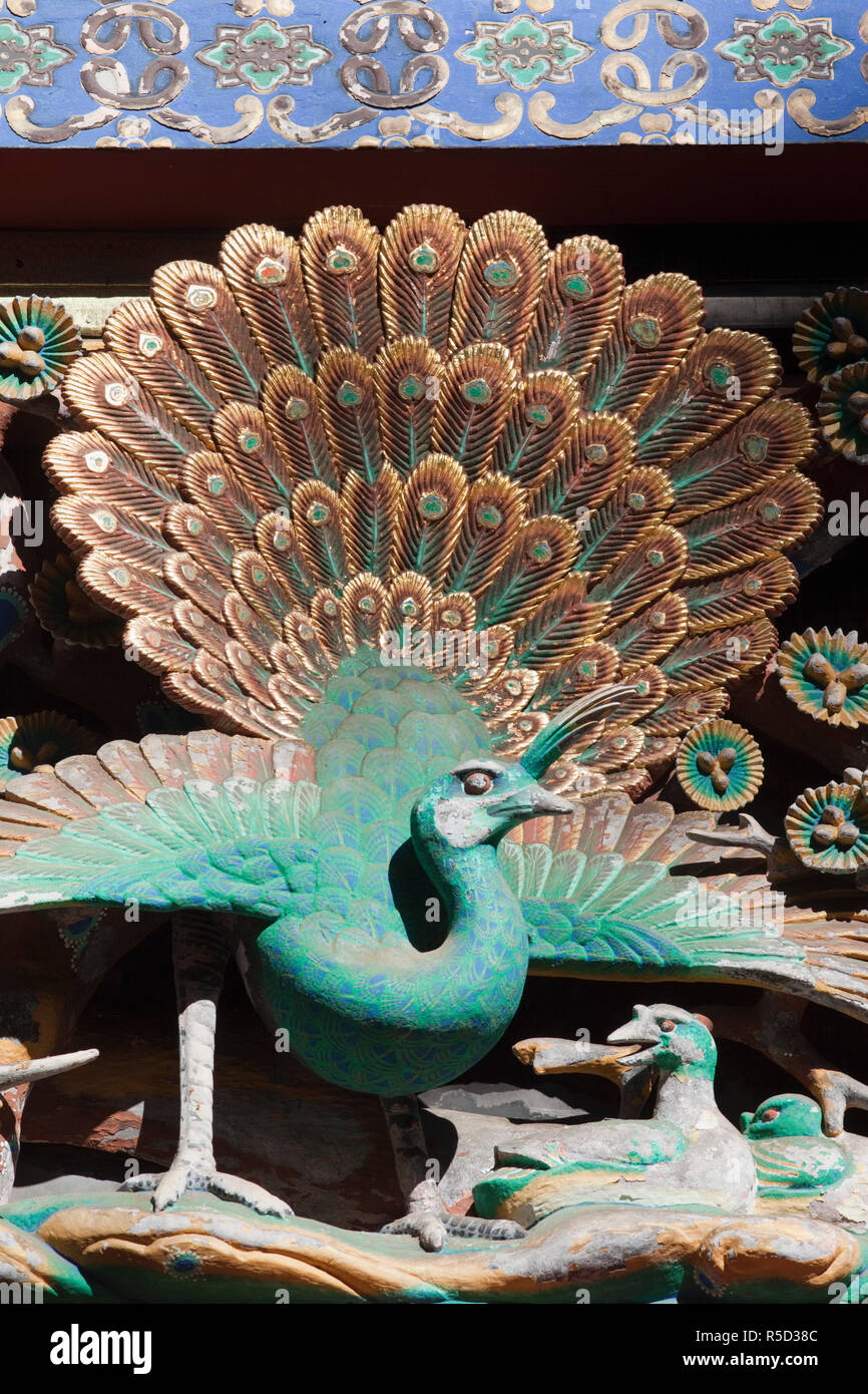 Japan, Nikko, Toshogu Shrine, Wooden Peacock Carving Stock Photo