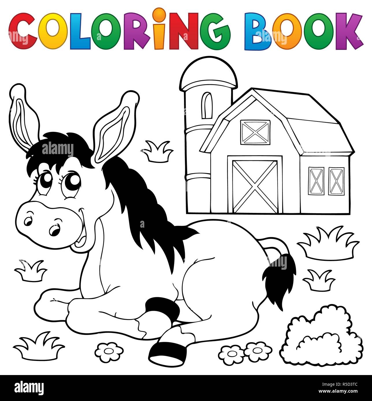 Coloring book donkey and farm Stock Photo - Alamy