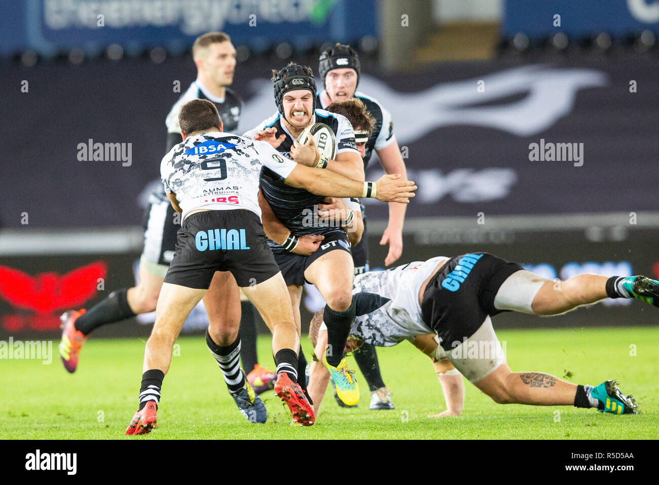 Ospreys fullback Dan Evans attacks in the Guinness Pro14 rugby match between Ospreys and Zebre. Stock Photo
