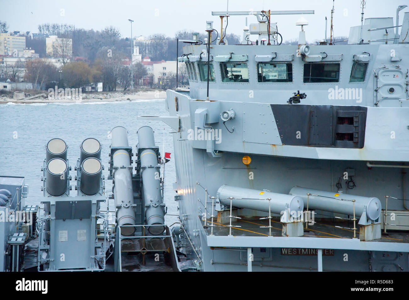 Gdynia, Poland. 30th November, 2018. RGM-84 Harpoon anti-ship missile launching system of British Type 23 frigate or Duke-class frigate HMS Westminster F237 is seen in Port of Gdynia, Poland. 30th November 2018. The vessel was used for the interior shots in the 1997 James Bond film Tomorrow Never Dies © Wojciech Strozyk / Alamy Live News Stock Photo