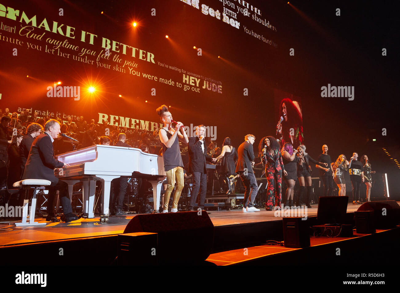 Hamburg, Germany. 30th Nov, 2018. John Miles (l-r), musicians from Great Britain, Gabor, music comedian, Bryan Ferry, singers from Great Britain, Tim Bendzko, Ruth, Anita and Sadako Pointer from the Pointer Sisters from the USA, Milow, singers from Belgium, and background singers are on stage at the tour kick-off of 'Night of the Proms' in the Barclaycard Arena. This year the Klassik-trifft-Pop format celebrates its 25th anniversary. Credit: Georg Wendt/dpa/Alamy Live News Stock Photo