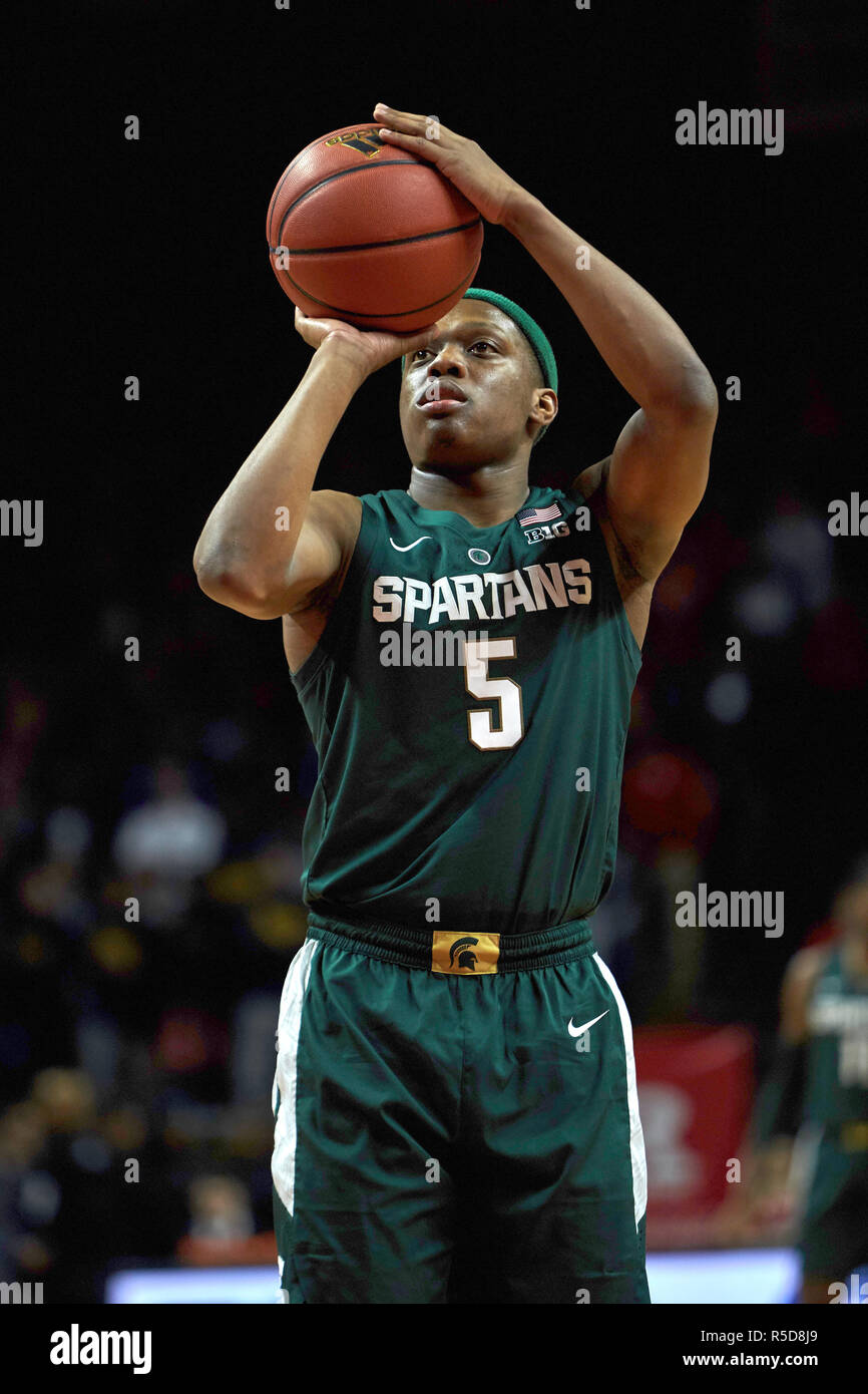 Piscataway, New Jersey, USA. 30th Nov, 2018. Michigan State Spartans guard Cassius  Winston (5) at the foul line during NCAA basketball action between the  Michigan State Spartans and the Rutgers Scarlet Knights