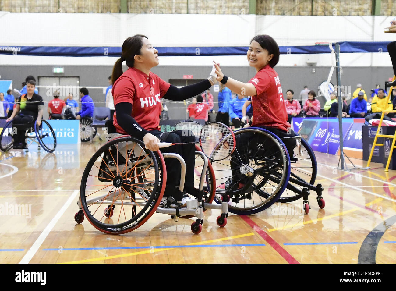 Geelong, Victoria, Australia. 24th Nov, 2018. Ikumi Fuke and Rie  Ogura,(Japan) during the wheelchair 1 - wheelchair 2 women's double quarter  finals match against Cynthia Mathez and Emmnuelle Ott (Switzerland and  France).