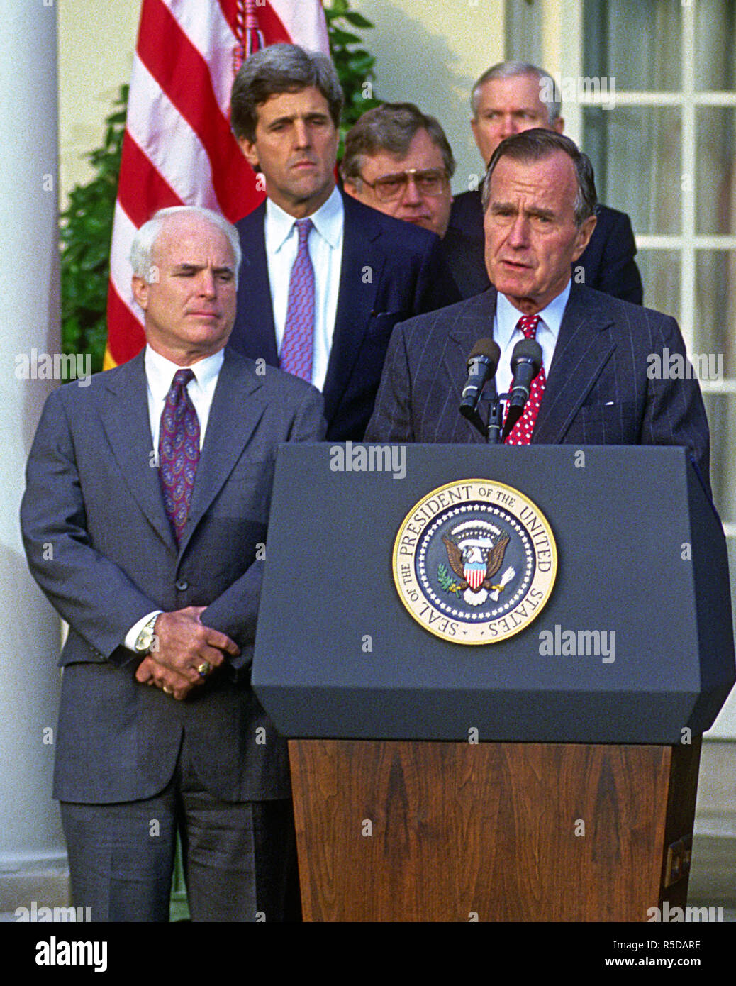 Washington, DC - (FILE) -- United States President George H.W. Bush announces the Government of Vietnam has agreed to make available all information including photographs, artifacts, and military documents on United States prisoners of war (POWs) and those missing in action (MIAs) in the Rose Garden of the White House on Friday, October 23, 1992. Pictured from left to right: United States Senator John McCain (Republican of Arizona); United States Senator John F. Kerry (Democrat of Massachusetts); United States Secretary of State Lawrence Eagleburger; Director of Central Intelligence Robert M. Stock Photo