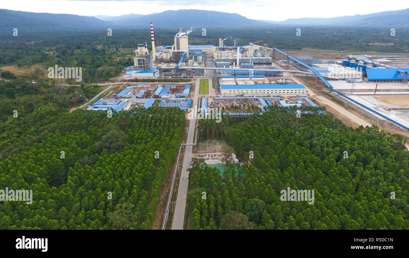 Xepon, Laos, 01 December 2018. Aerial photo taken on Nov. 23, 2018 shows  the first modern pulp mill of Sun Paper Holdings Laos Co., Ltd. in Xepon,  Savannakhet Province, some 410 km