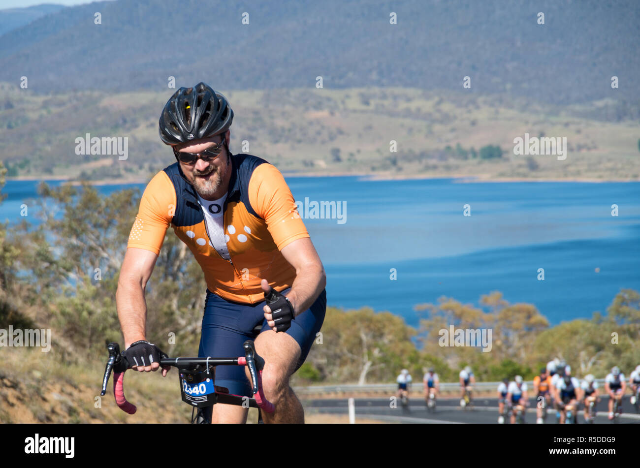 East Jindabyne, Australia 1st December 2018 Smiling cyclist giving a
