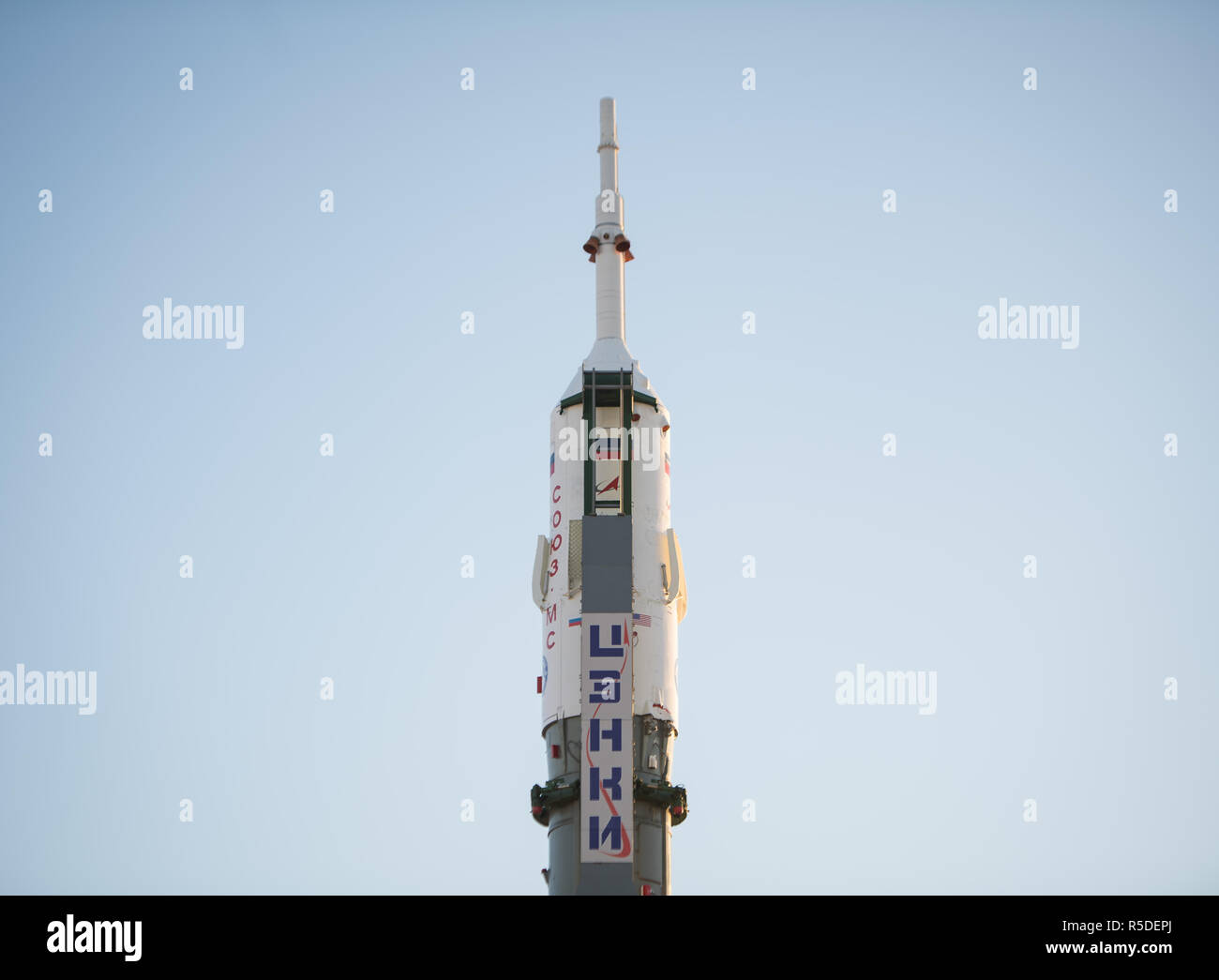 Baikonur, Kazakhstan, 1st December 2018. The Soyuz booster rocket and MS-11 spacecraft is upright on the launch pad early morning at the Baikonur Cosmodrome December 1, 2018 in Baikonur, Kazakhstan. The rocket will carry Expedition 58 crew members Russian Oleg Kononenko of Roscosmos, American Anne McClain and Canadian David Saint-Jacques to the International Space Station on December 3rd. Credit: Planetpix/Alamy Live News Stock Photo