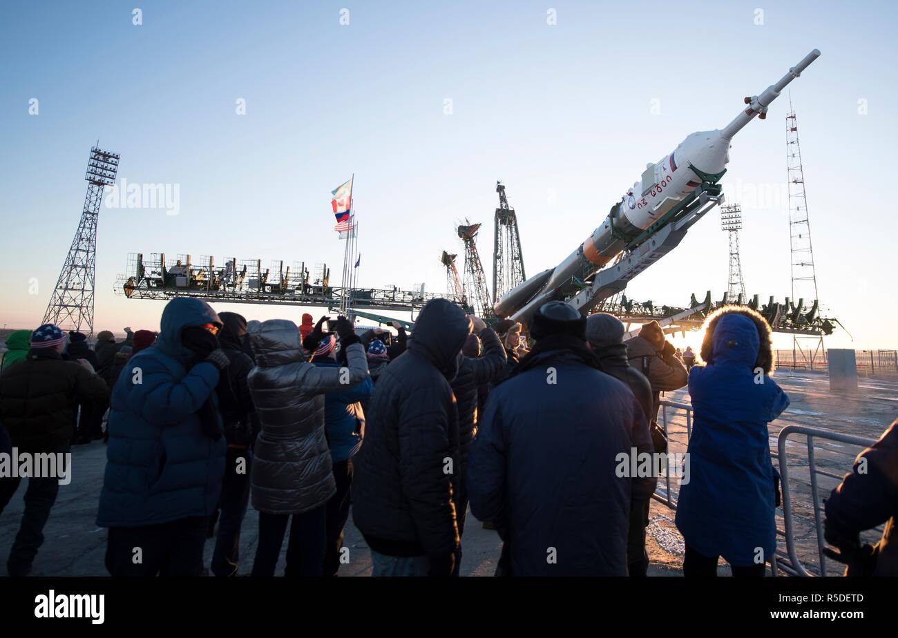 Baikonur, Kazakhstan, 1st December 2018. The Soyuz booster rocket and MS-11 spacecraft is lifted into an upright position on the launch pad early morning at the Baikonur Cosmodrome December 1, 2018 in Baikonur, Kazakhstan. The rocket will carry Expedition 58 crew members Russian Oleg Kononenko of Roscosmos, American Anne McClain and Canadian David Saint-Jacques to the International Space Station on December 3rd. Credit: Planetpix/Alamy Live News Stock Photo