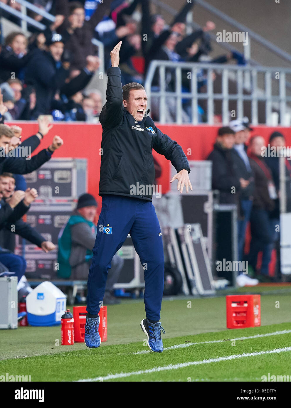Ingolstadt, Germany, 1st December 2018.Germany, 1st December 2018. Hannes WOLF, Trainer HSV Torjubel 0-1 Aaron HUNT, HSV 14 Cheering, joy, emotions, celebrating, laughing, cheering, rejoice, tearing up the arms, clenching the fist, celebrate, celebration,  FC INGOLSTADT - HAMBURGER SV   - DFL REGULATIONS PROHIBIT ANY USE OF PHOTOGRAPHS as IMAGE SEQUENCES and/or QUASI-VIDEO -  2.German Soccer League , Ingolstadt, December 01, 2018  Season 2018/2019, matchday 15, HSV, Schanzer © Peter Schatz / Alamy Live News Stock Photo