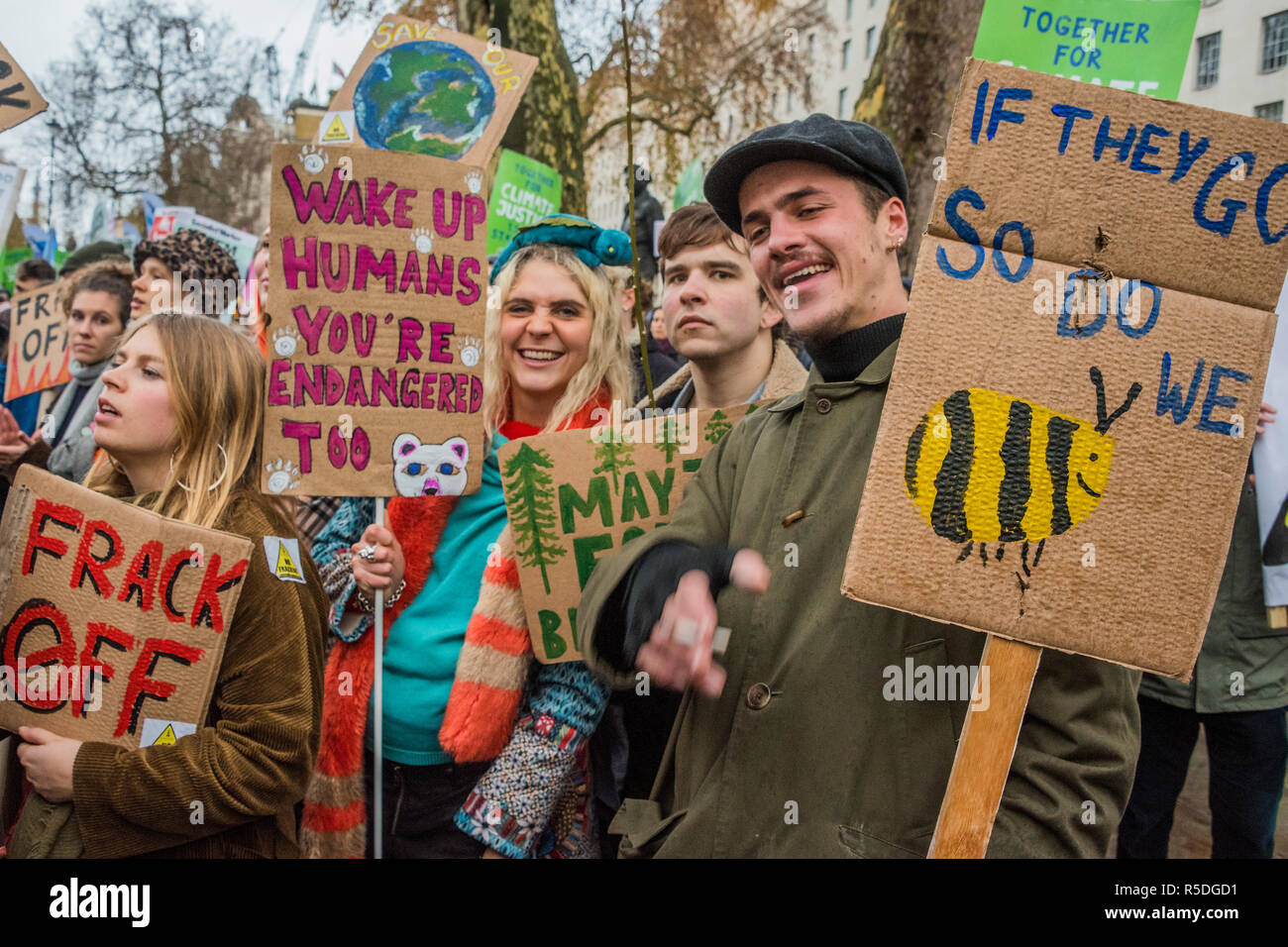 Whitehall, London, 1st December 2018. The Campaign against Climate Change along with members of Extinction Rebellion join other groups to protest about what they see as a looming Climate Change Catastrophe and Ecological Collapse and against fracking and the expansion of Heathrow airport. Credit: Guy Bell/Alamy Live News Stock Photo