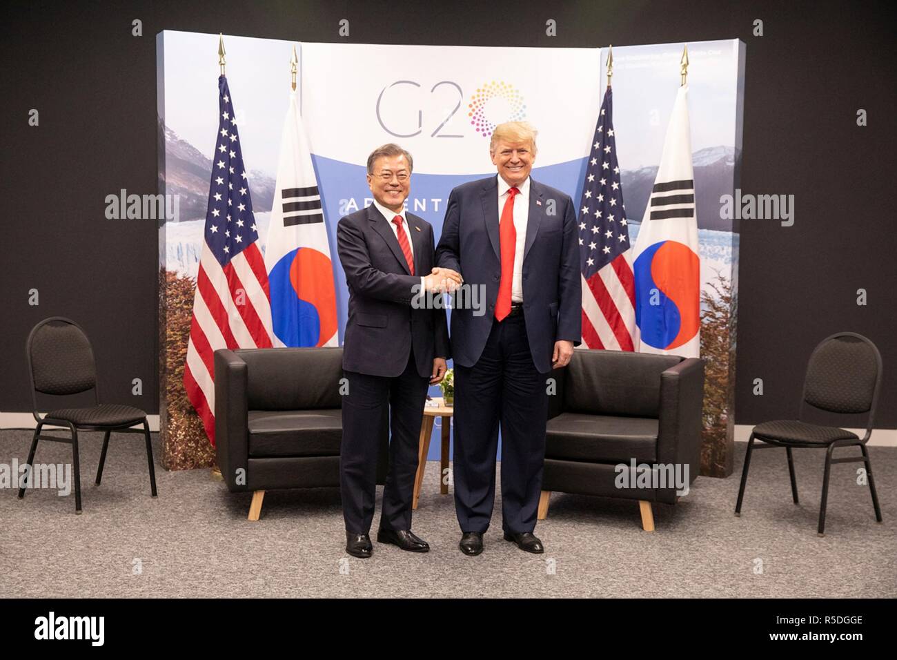 Buenos Aires, Argentina. 1st December, 2018. Buenos Aires, Argentina. 30th November 2018. U.S. President Donald Trump shakes hands with South Korean President Moon Jae-in, left, prior to their bilateral meeting on the sidelines of the G20 Summit meeting at the Costa Salguero Center November 30, 2018 in Buenos Aires, Argentina. Credit: Planetpix/Alamy Live News Credit: Planetpix/Alamy Live News Stock Photo