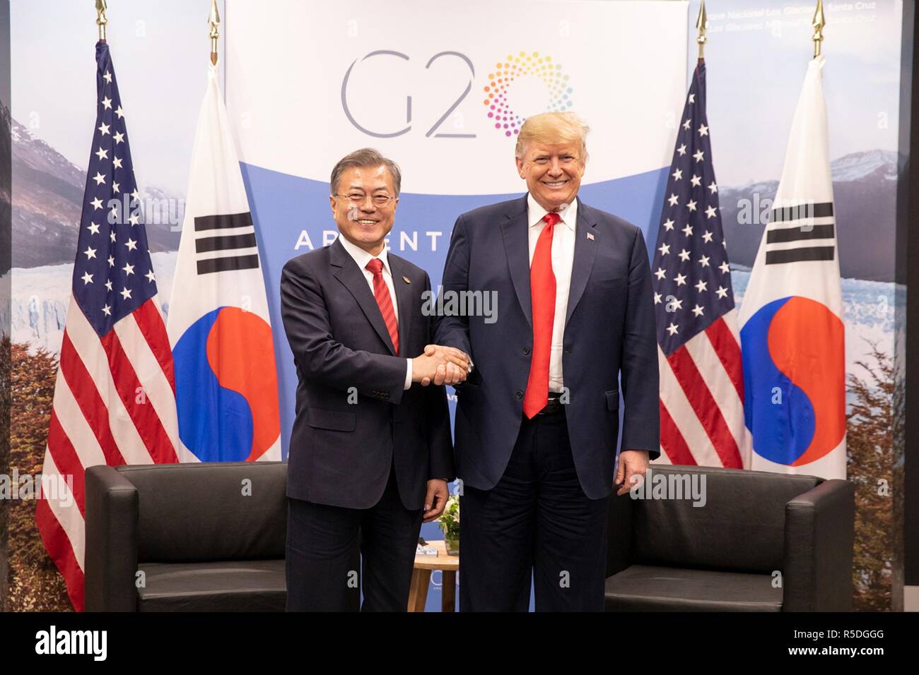 Buenos Aires, Argentina. 1st December, 2018. Buenos Aires, Argentina. 30th November 2018. U.S. President Donald Trump shakes hands with South Korean President Moon Jae-in, left, prior to their bilateral meeting on the sidelines of the G20 Summit meeting at the Costa Salguero Center November 30, 2018 in Buenos Aires, Argentina. Credit: Planetpix/Alamy Live News Credit: Planetpix/Alamy Live News Stock Photo