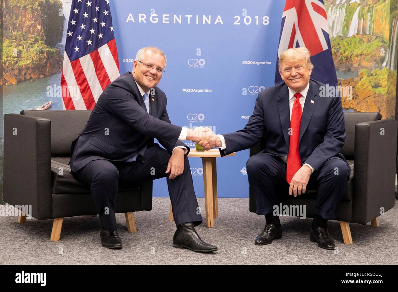 Buenos Aires, Argentina. 1st December, 2018. Buenos Aires, Argentina. 30th November 2018. U.S. President Donald Trump shakes hands with Australian Prime Minister Scott Morrison during a bilateral meeting on the sidelines of the G20 Summit meeting at the Costa Salguero Center November 30, 2018 in Buenos Aires, Argentina. Credit: Planetpix/Alamy Live News Credit: Planetpix/Alamy Live News Stock Photo