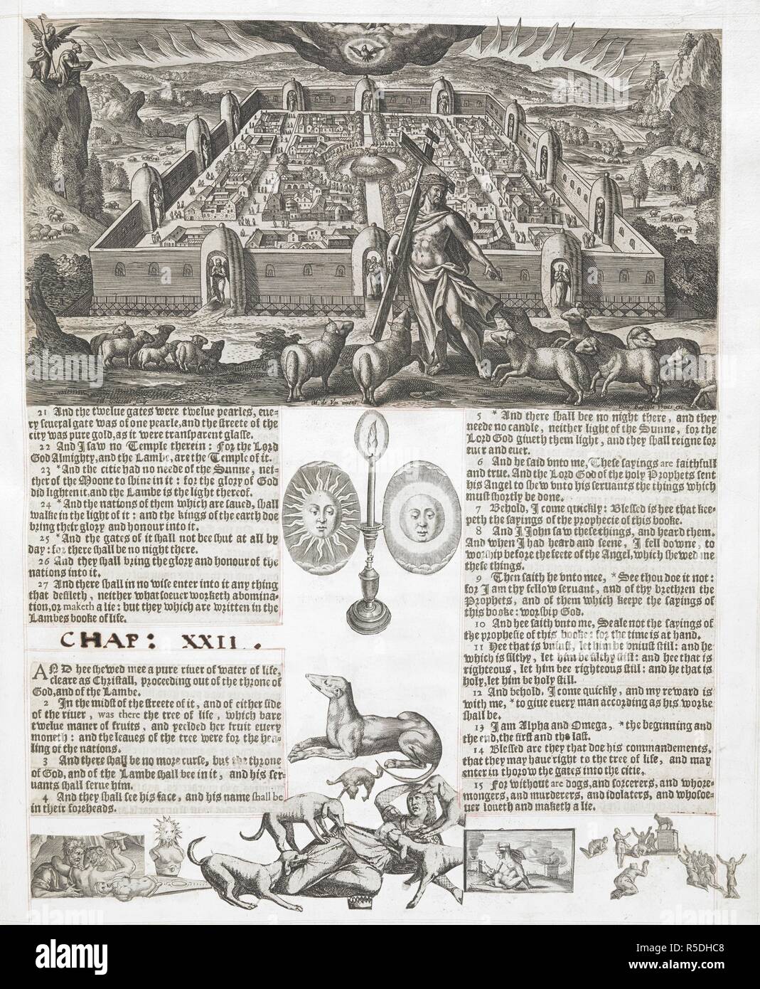 View of a city. Christ in front. Acta Apostolorum elegantiss. monochromatis delineata. (The Revelation of S. John the Divine.) [Compiled by N. Ferrar and his family.]. [Little Gidding, 1635?]. Source: C.23.e.3 page from chapter XXII. Stock Photo