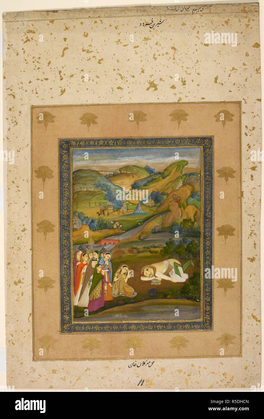 An illustration of Nizami's story of Khusraw & Shirin showing the death of Farhad who has fallen from Mount Behistun. Shirin kneels at his side and her ladies stand behind her bemoaning the occurrence. A Europeanised landscape in the distance includes clumps of trees, buildings and a scene at a well. c.1770. Opaque watercolour. Source: J.9,11. Author: Mir Kalan Khan. Stock Photo