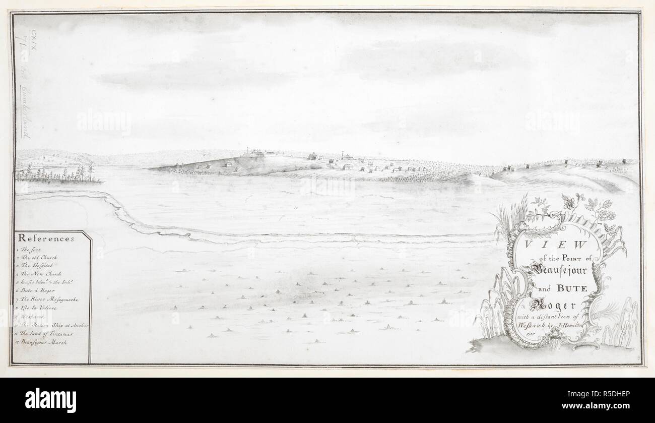 A view looking out across Beaufort Marsh toward Fort Beausejour (Fort Cumberland); buildings in the distance; trees on the left. VIEW of the Point of Beausejour and BUTE Ã¡ Roger with a distant View of Weskawk. 1755. Source: Maps K.Top.119.71. Language: English. Stock Photo