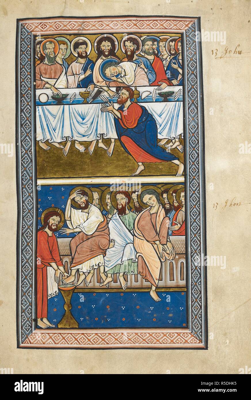 Above, the Last Supper; below, Christ washes the feet of the disciples. Psalter. England (Oxford?), circa 1210. Source: Royal 1 D. X, f.5. Language: Latin. Stock Photo