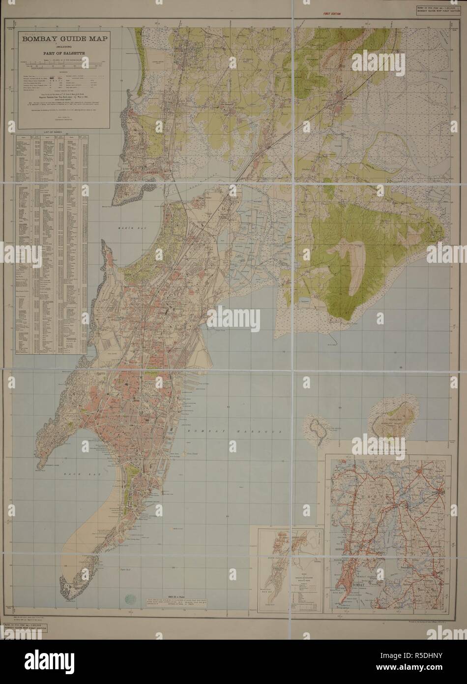 Map of Bombay. Bombay Guide Map, including part of Salsette. Scale, 1 : 25,000. Reprint of 1933 edition. [Calcutta] : Survey of India Offices H.L.O., 1945. 764 x 1019 mm.; Scale 1: 25 000. Source: Maps 52540.(11). Stock Photo