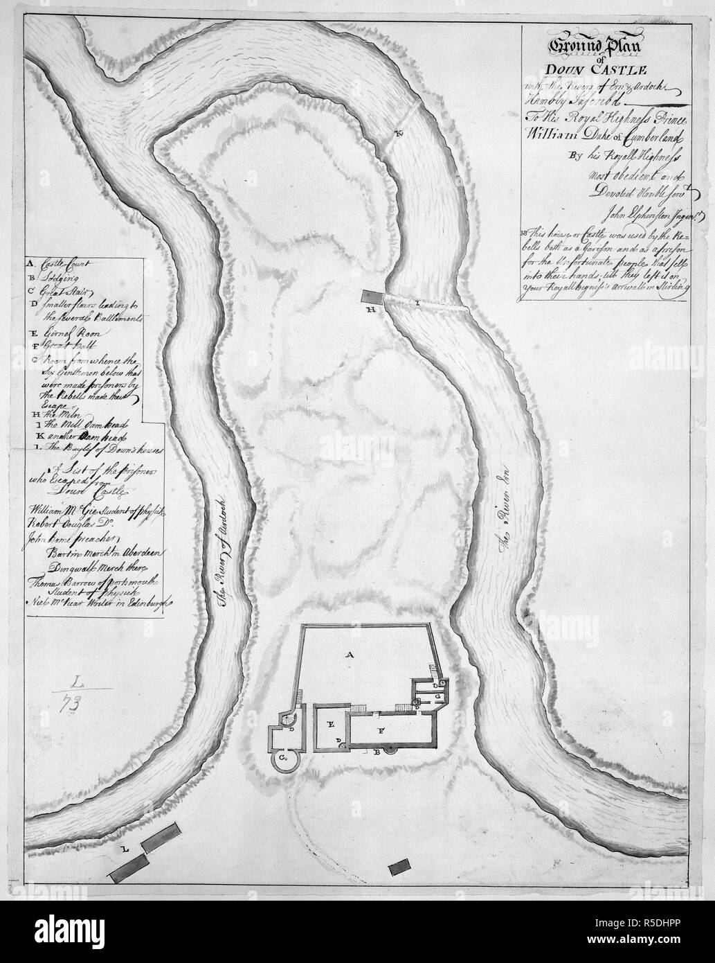 Ground plan of Doun Castle. A ground plan of Doun Castle, with the rivers of E. 1746. A ground plan of Doun Castle, with the rivers of Ern and Ardoch. Ms. 1 f. 2 in. x 11 in.  Image taken from A ground plan of Doun Castle, with the rivers of Ern and Ardoch; drawn by John Elphinstone, Engineer, 1746, and dedicated by him to the Duke of Cumberland.  Originally published/produced in 1746. . Source: Maps.K.Top.50.73,. Language: English. Stock Photo