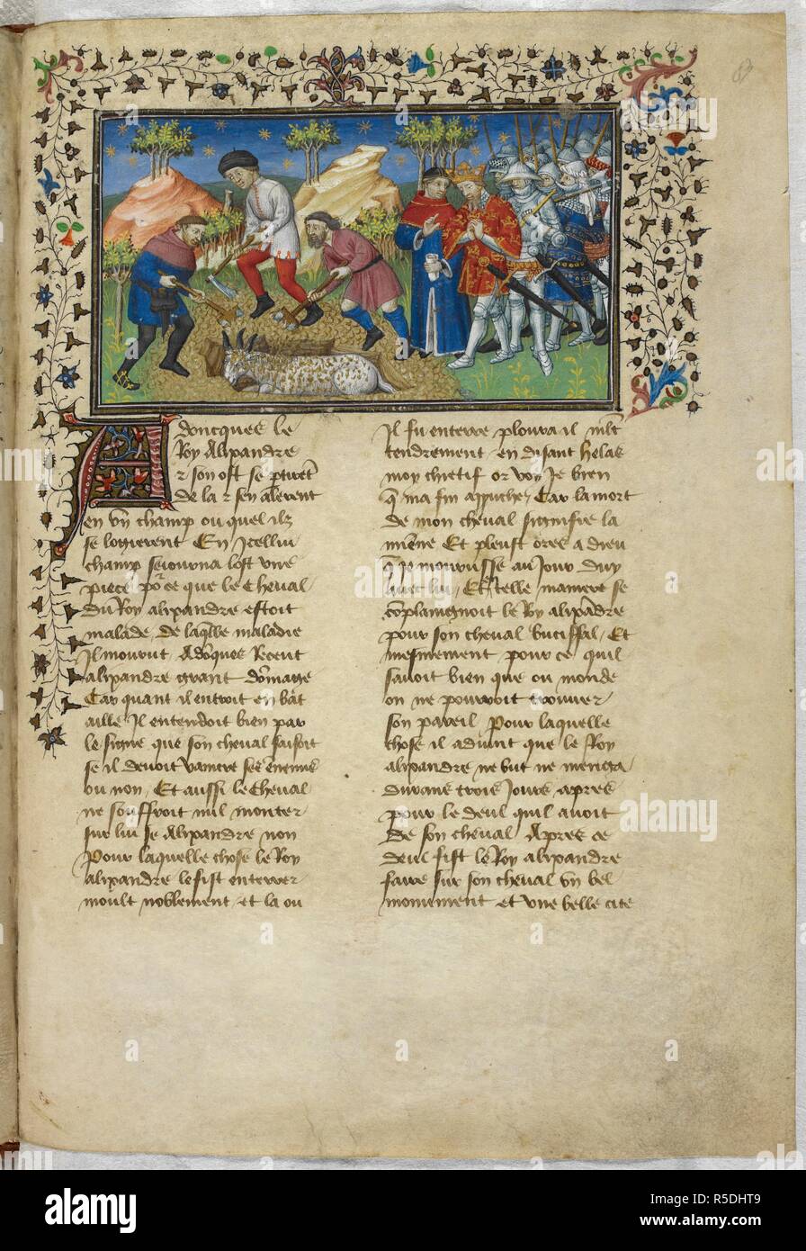 Miniature of the burial of Bucephalus. Historia de proelis in a French