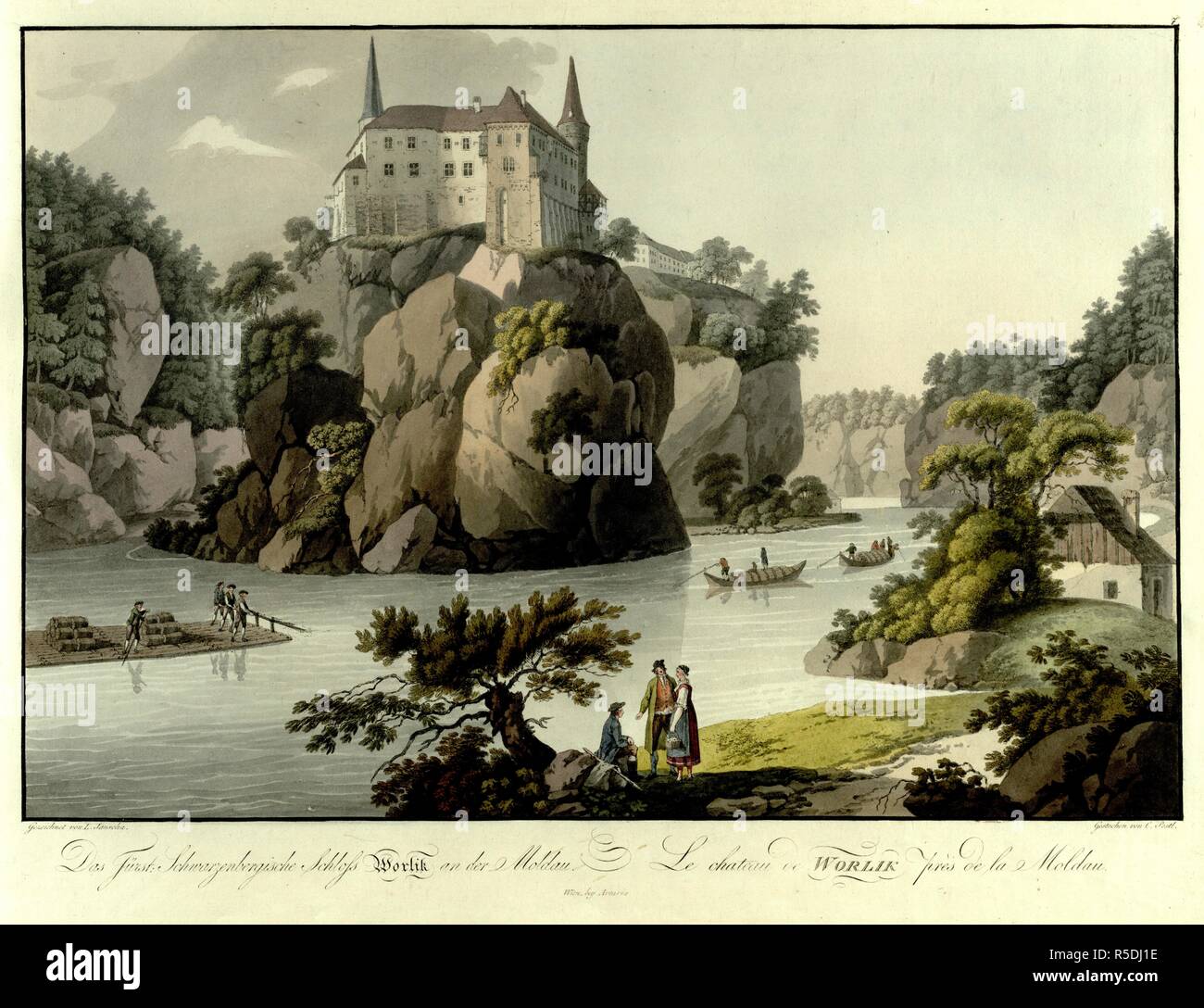 Two men and a woman dressed in traditional Bohemian costume talk by the Vtlava River in the foreground, with a view of OrlÃk and Vltavou Castle on the opposite bank in the background . Collection de Vues les plus intÃ©ressantes et pittoresques de la BohÃ©me. Wien : bey Artaria, [between 1800 and 1810]. Source: Maps 7.TAB.38, plate 8. Language: German and French. Stock Photo