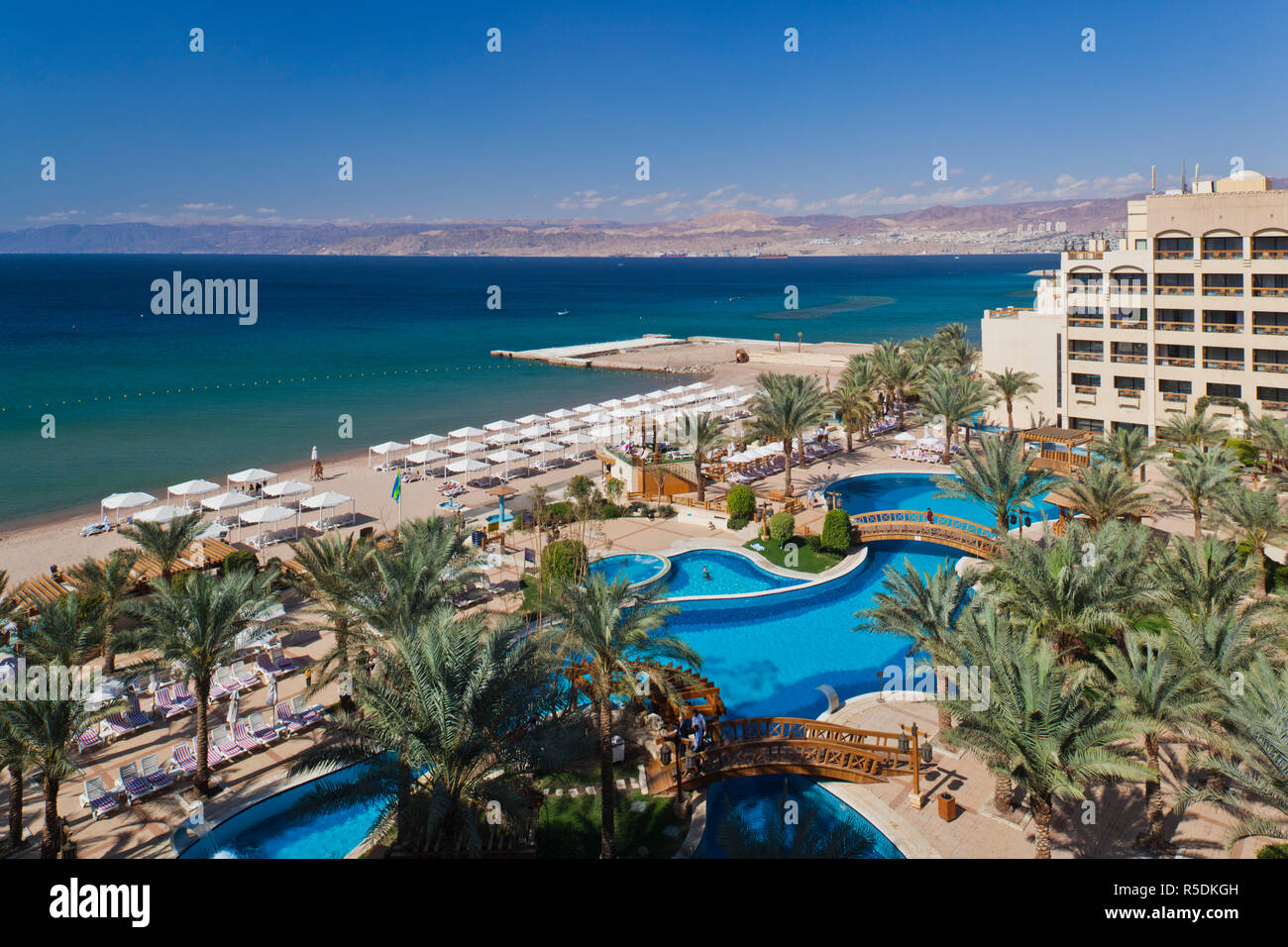 Jordan, Aqaba, elevated view of Red Sea and Eilat, Israel from  Intercontinental Hotel Stock Photo - Alamy