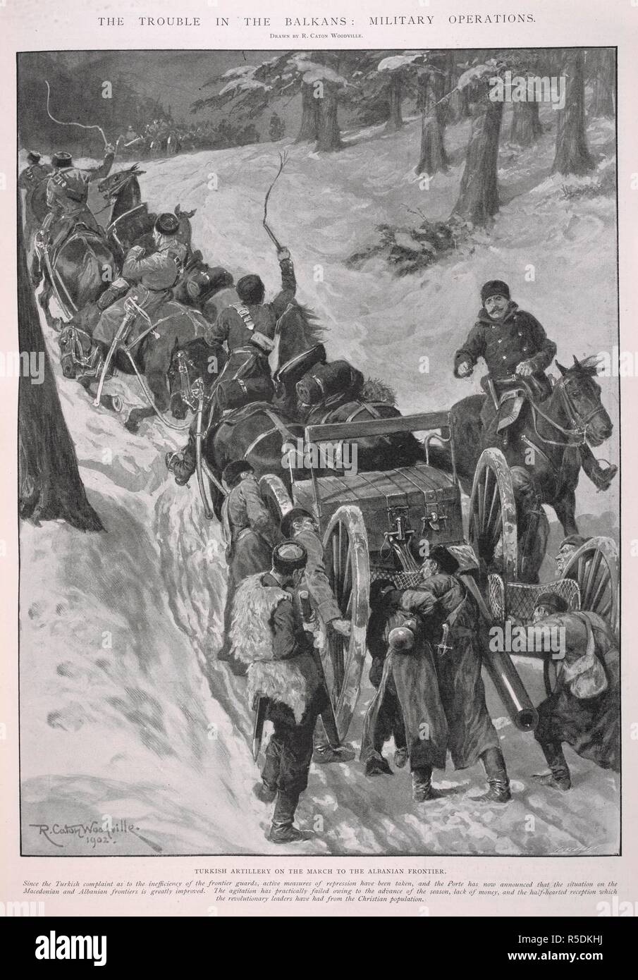 'The trouble in the Balkans: Military operations'. 'Turkish artillery on the march to the Albanian front'. The Illustrated London News. London, 1902. Source: The Illustrated London News, 15 November 1902, page 747. Author: Caton Woodville, R. Stock Photo