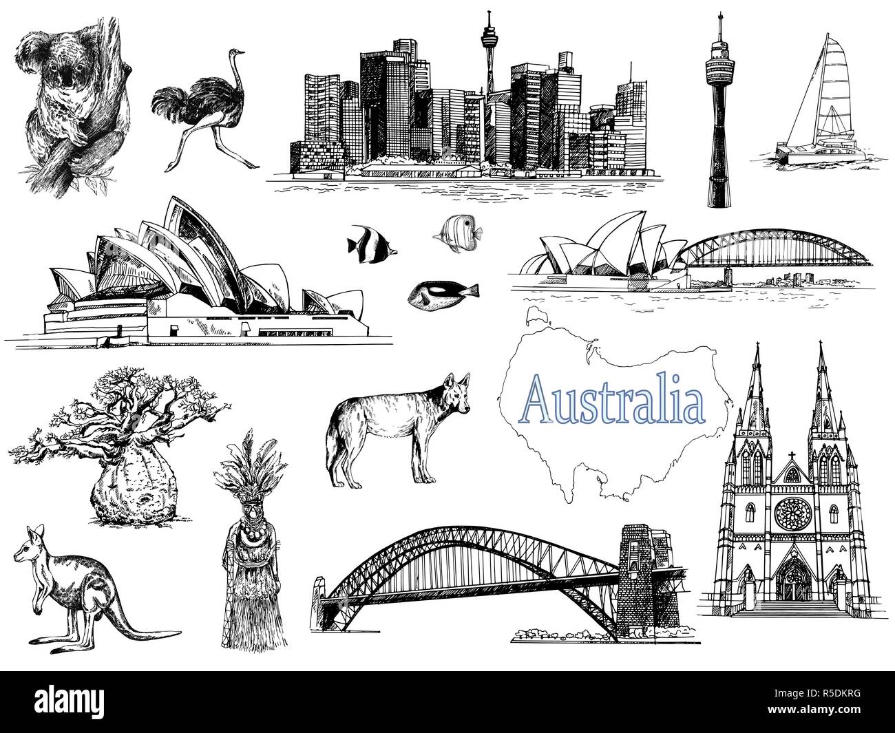 Set of hand drawn sketch style Australia themed objects isolated on white background. Vector illustration. Stock Vector