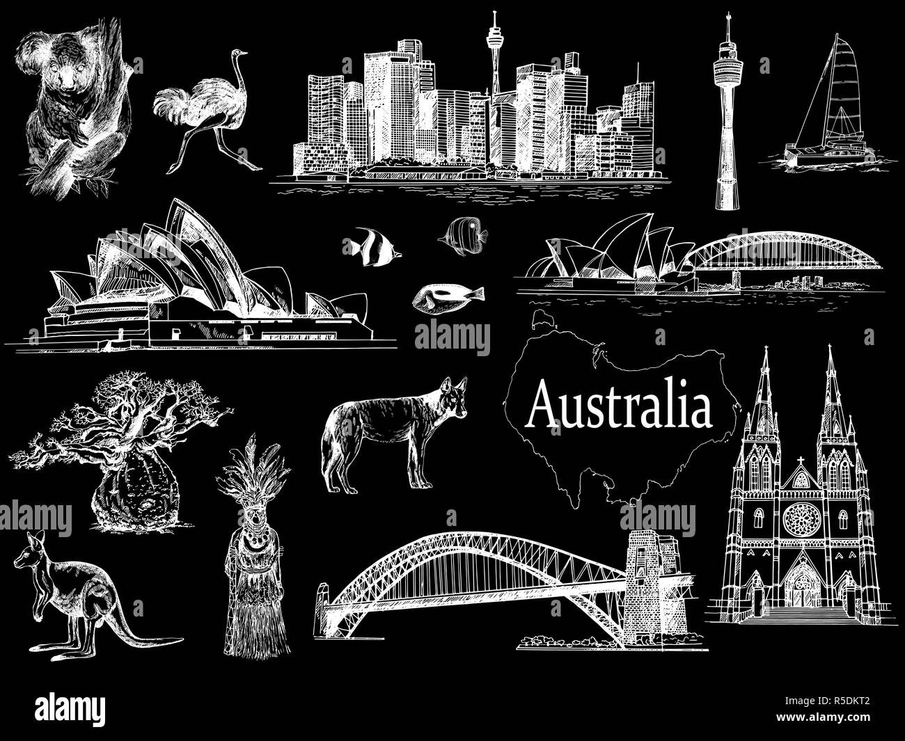 Set of hand drawn sketch style Australia themed objects isolated on black background. Vector illustration. Stock Vector