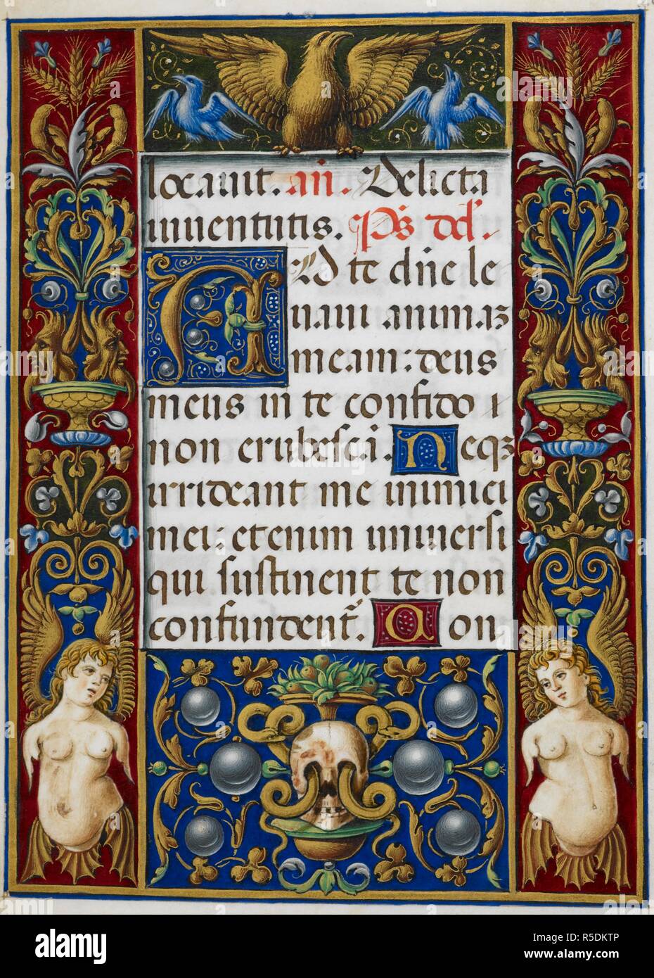 Text page from Office of the Dead with decorated border showing a skull with serpents entwined. Sforza Hours. Milan, circa 1490; Flemish insertions, 1517-1520. Source: Add. 34294, f.290. Language: Latin. Author: Birago, Giovan Pietro. Stock Photo